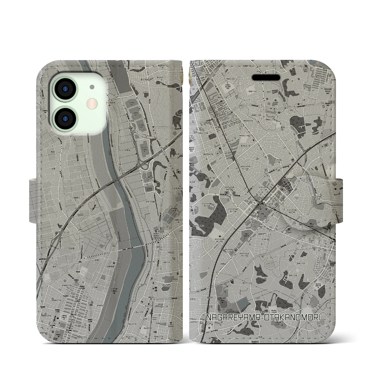 【流山おおたかの森(千葉県)】地図柄iPhoneケース(手帳タイプ)モノトーン・iPhone 12 mini 用