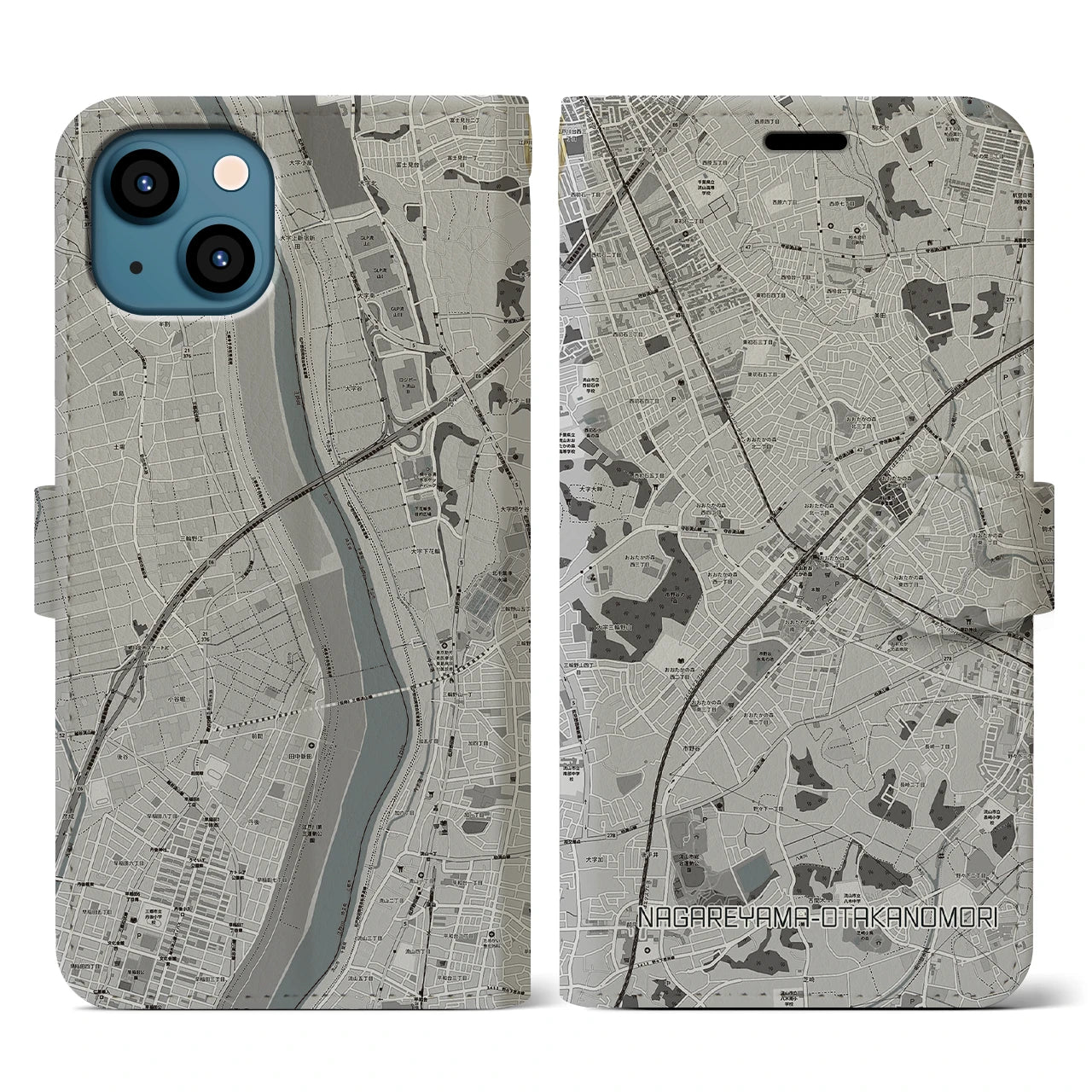 【流山おおたかの森(千葉県)】地図柄iPhoneケース(手帳タイプ)モノトーン・iPhone 13 用