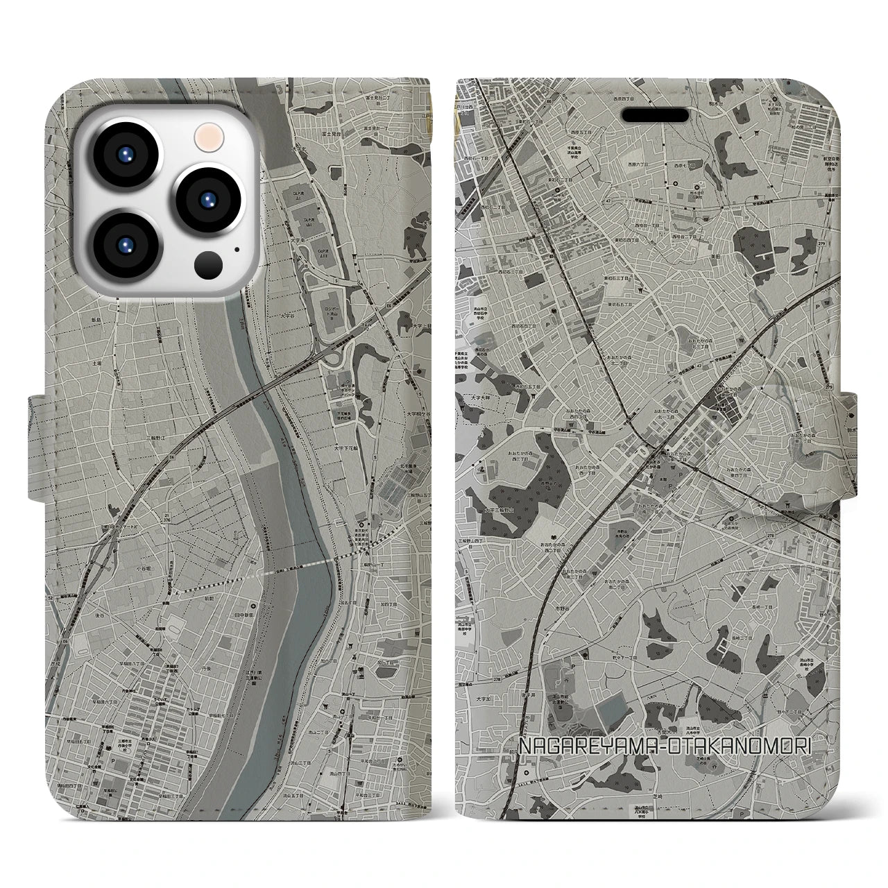 【流山おおたかの森(千葉県)】地図柄iPhoneケース(手帳タイプ)モノトーン・iPhone 13 Pro 用