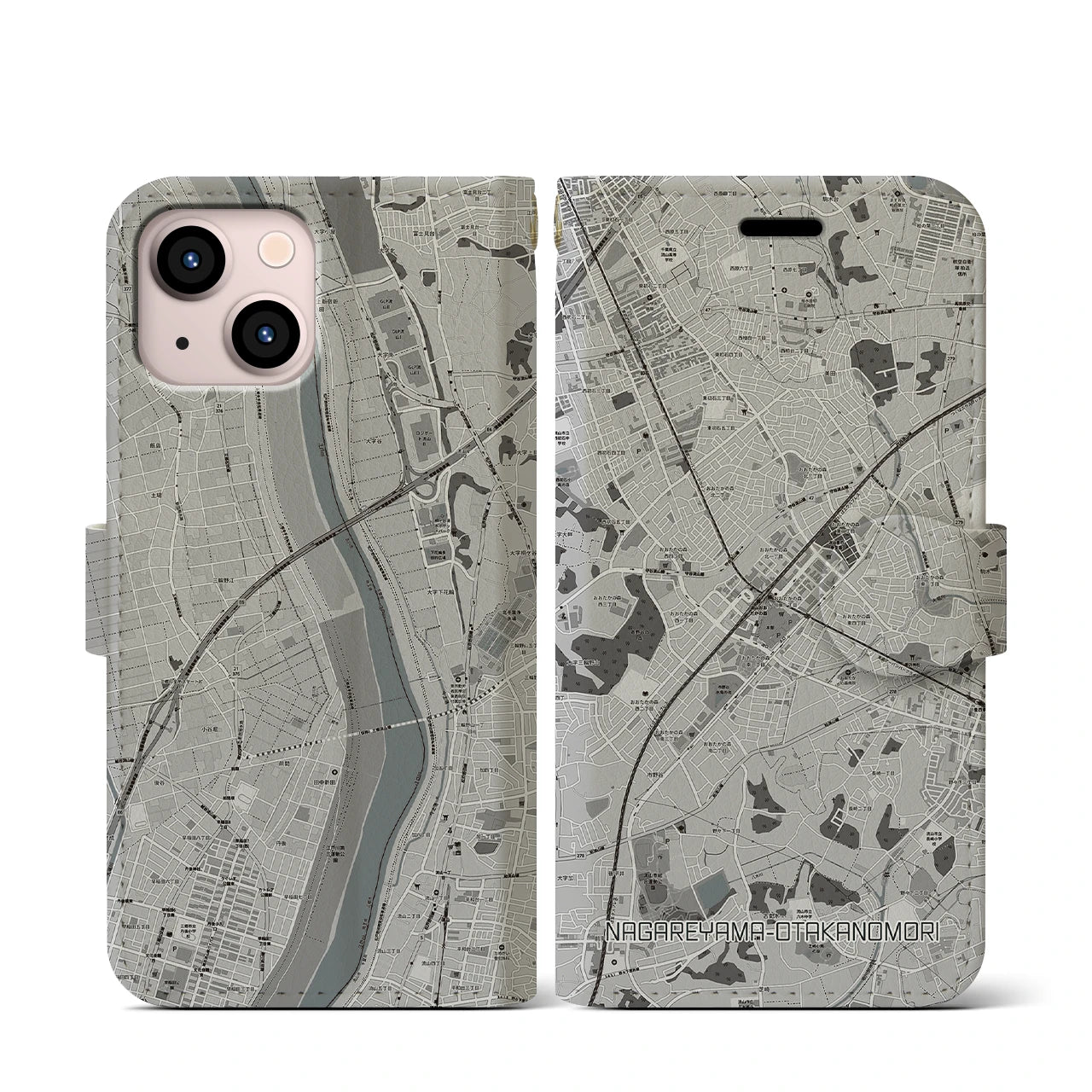 【流山おおたかの森(千葉県)】地図柄iPhoneケース(手帳タイプ)モノトーン・iPhone 13 mini 用