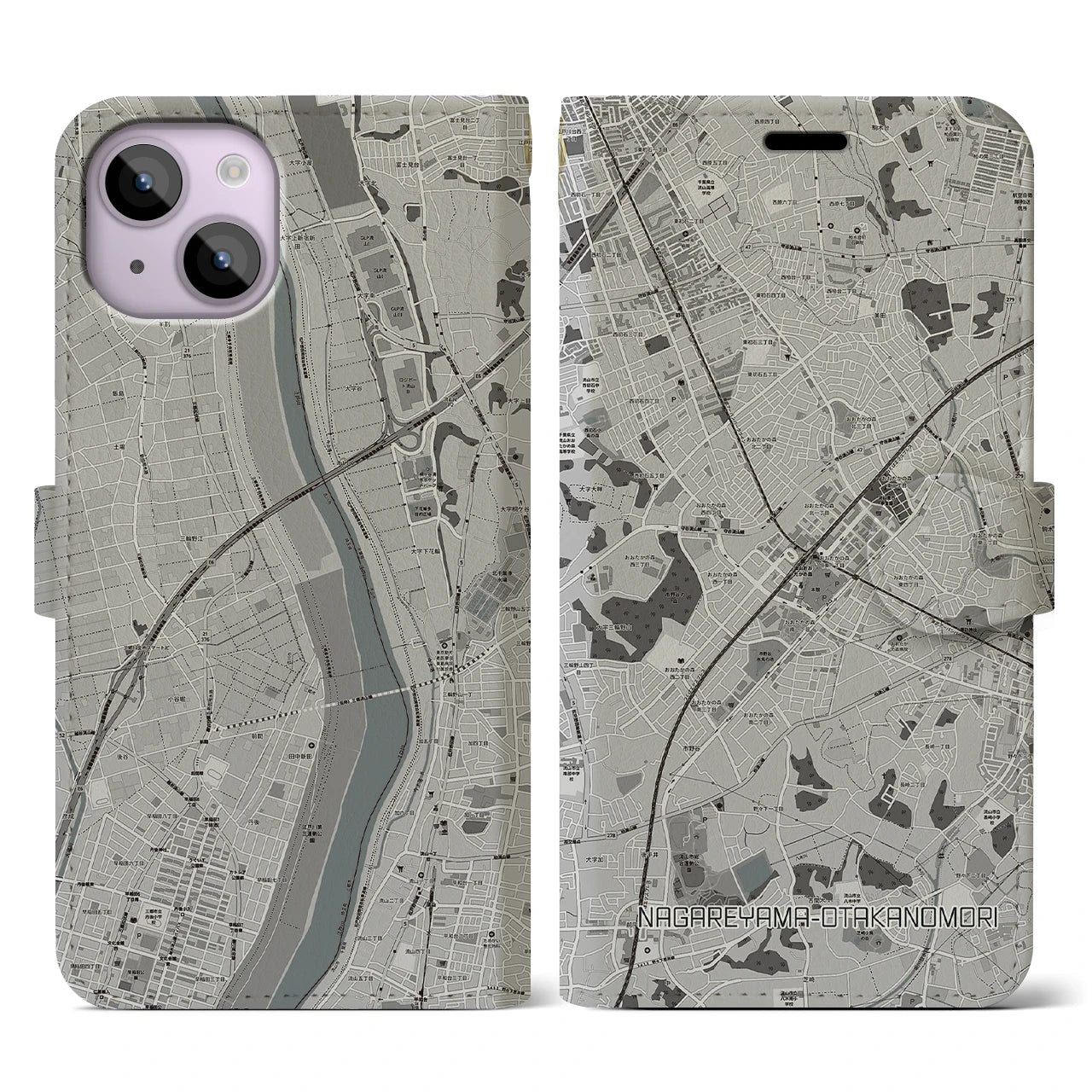 【流山おおたかの森(千葉県)】地図柄iPhoneケース(手帳タイプ)モノトーン・iPhone 14 用