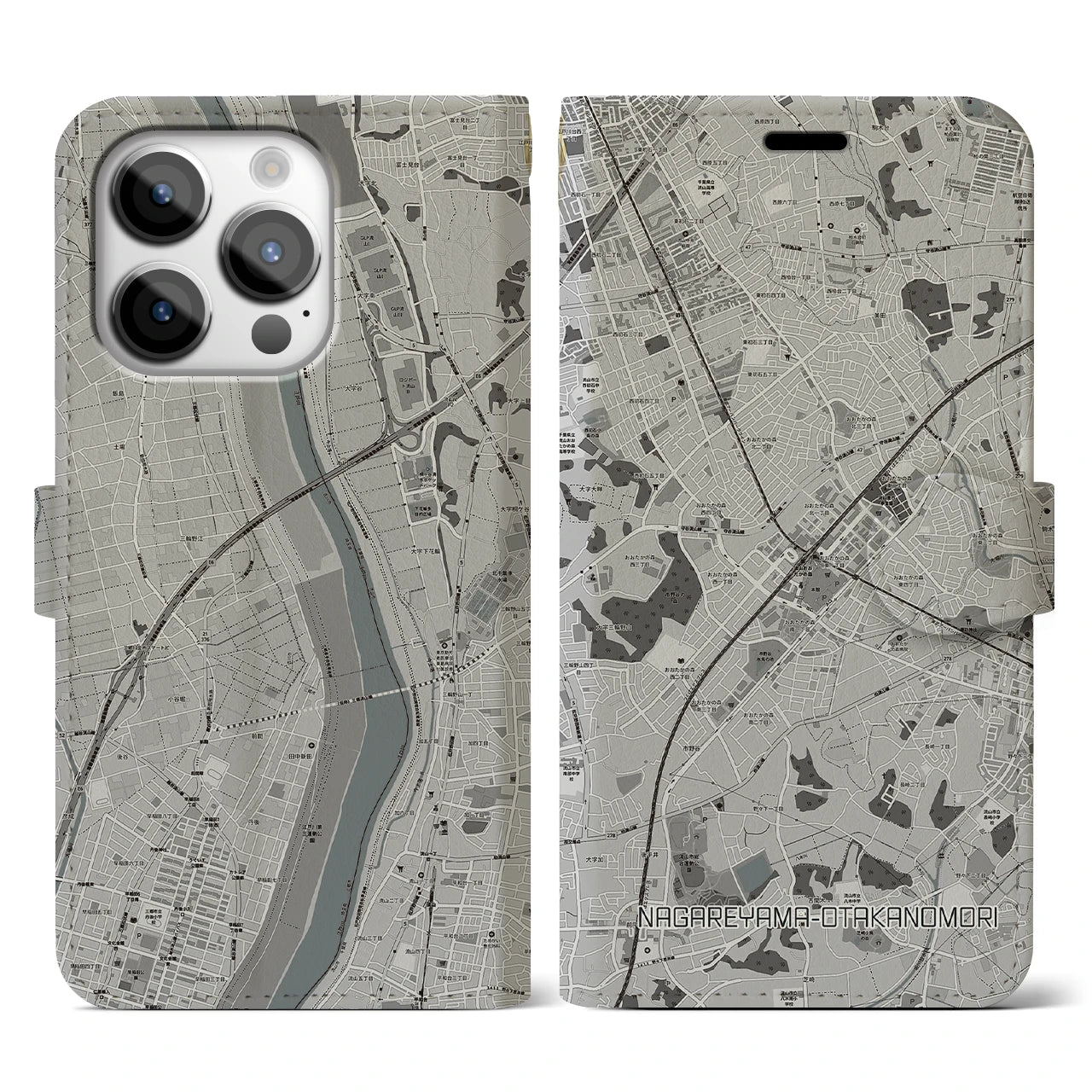【流山おおたかの森(千葉県)】地図柄iPhoneケース(手帳タイプ)モノトーン・iPhone 14 Pro 用