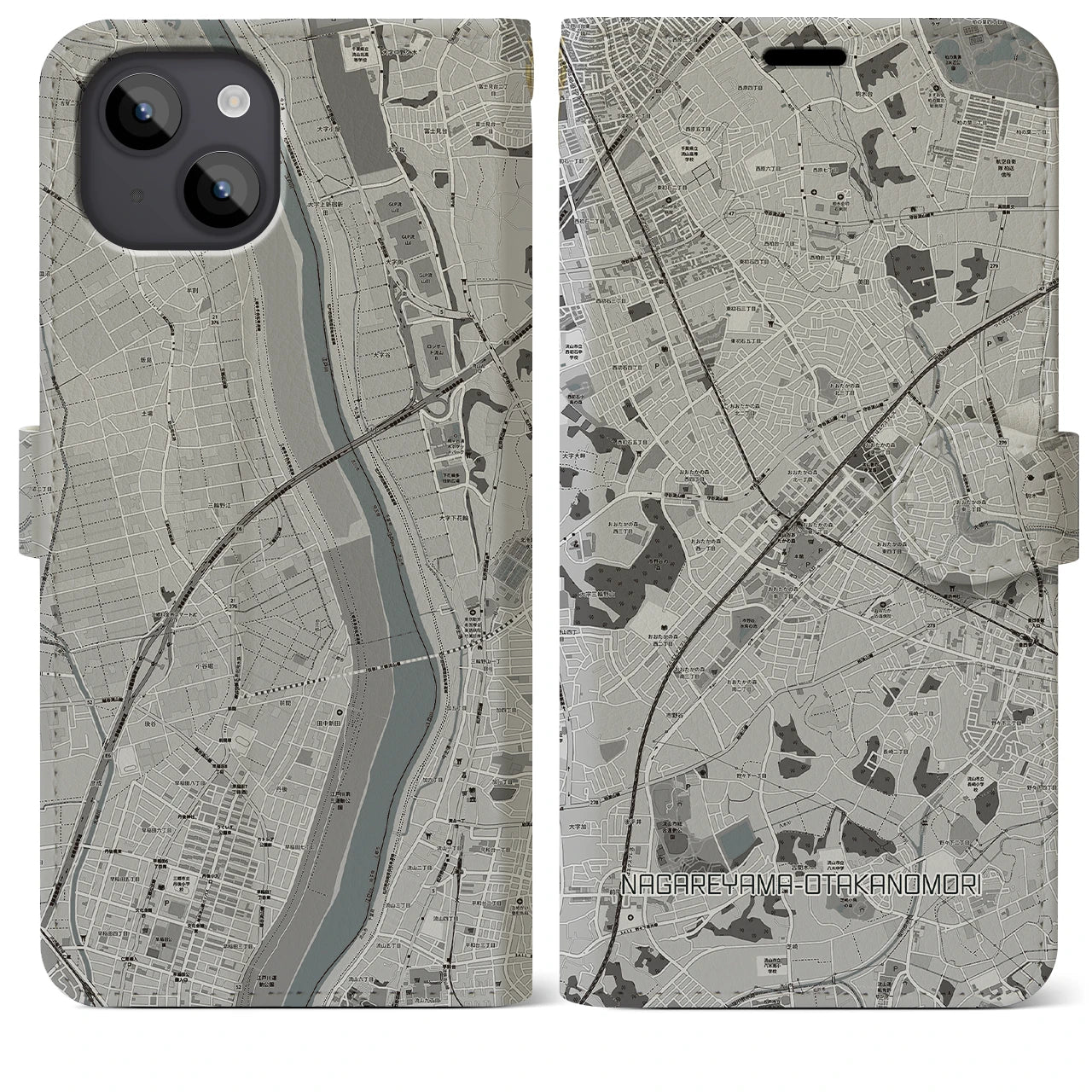 【流山おおたかの森(千葉県)】地図柄iPhoneケース(手帳タイプ)モノトーン・iPhone 14 Plus 用
