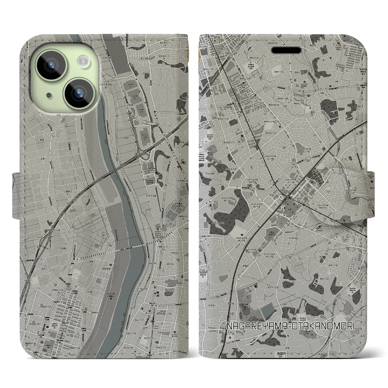 【流山おおたかの森(千葉県)】地図柄iPhoneケース(手帳タイプ)モノトーン・iPhone 15 用