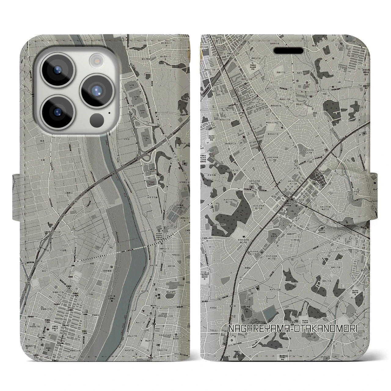 【流山おおたかの森(千葉県)】地図柄iPhoneケース(手帳タイプ)モノトーン・iPhone 15 Pro 用
