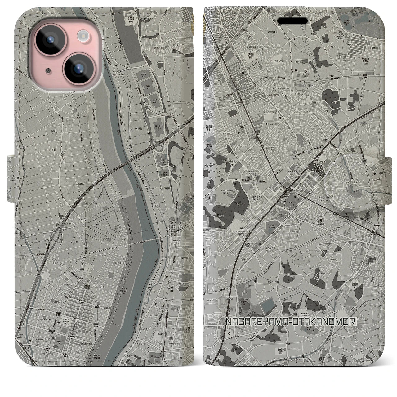 【流山おおたかの森(千葉県)】地図柄iPhoneケース(手帳タイプ)モノトーン・iPhone 15 Plus 用