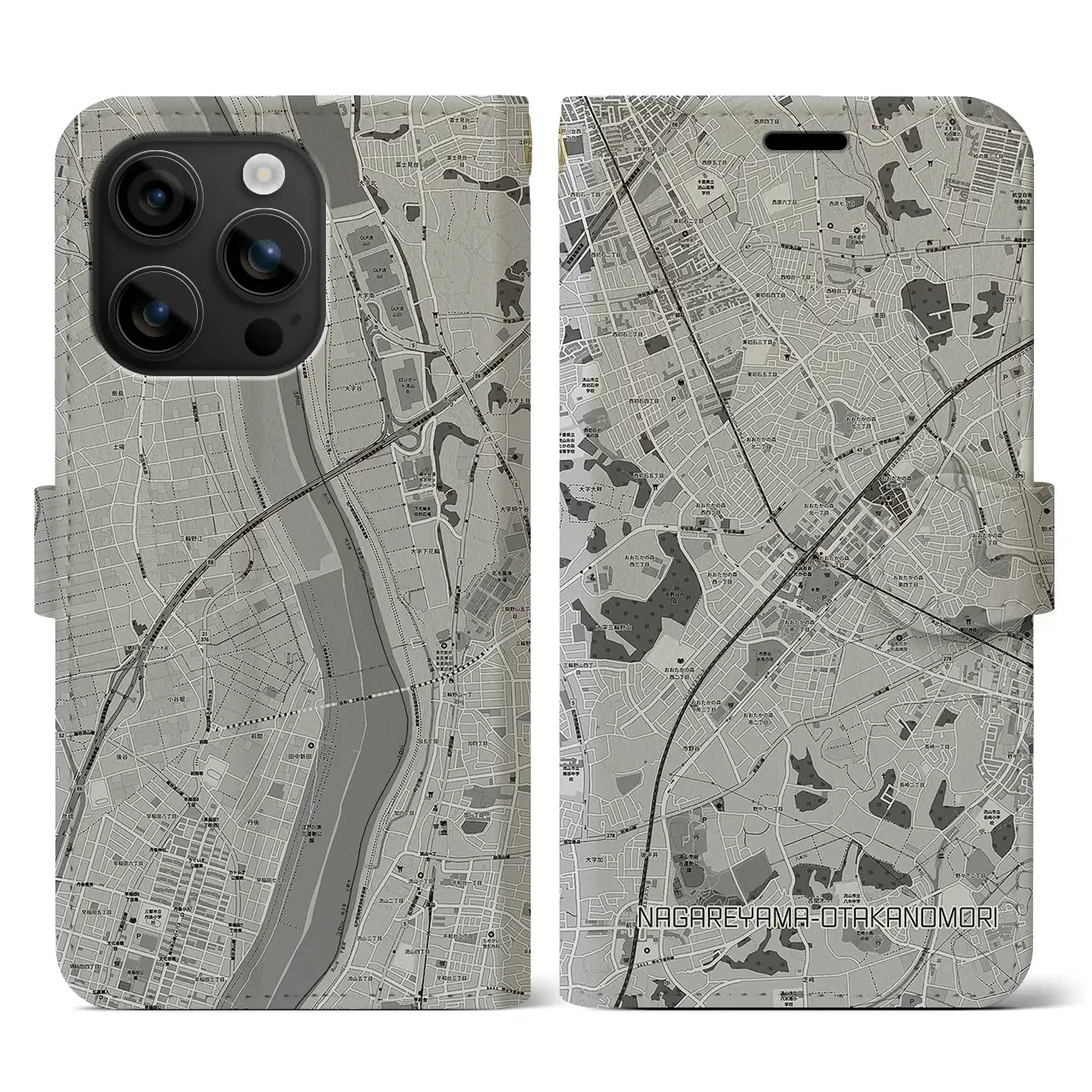 【流山おおたかの森(千葉県)】地図柄iPhoneケース(手帳タイプ)モノトーン・iPhone 16 用