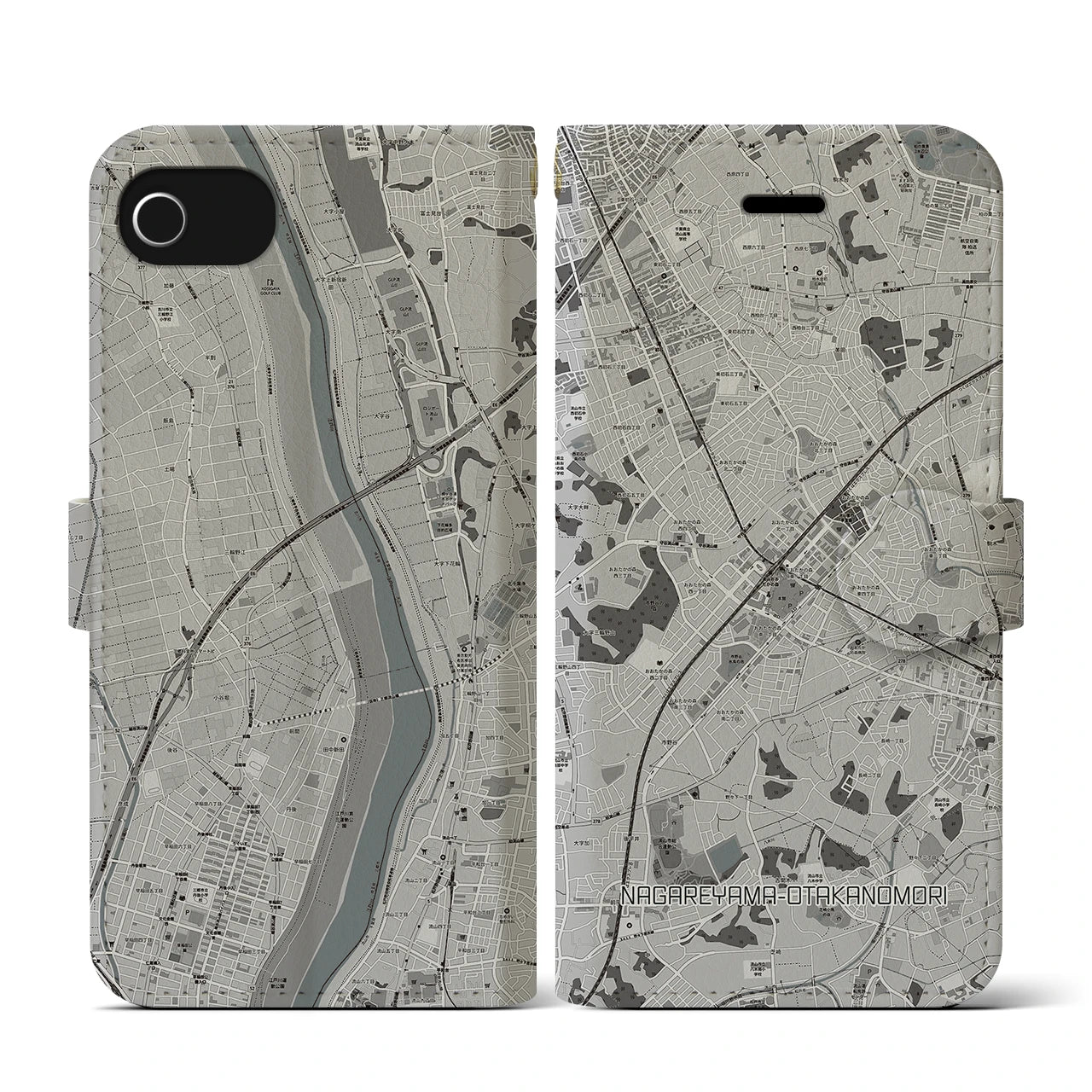 【流山おおたかの森(千葉県)】地図柄iPhoneケース(手帳タイプ)モノトーン・iPhone SE(第3 / 第2世代) / 8 / 7 / 6s / 6 用
