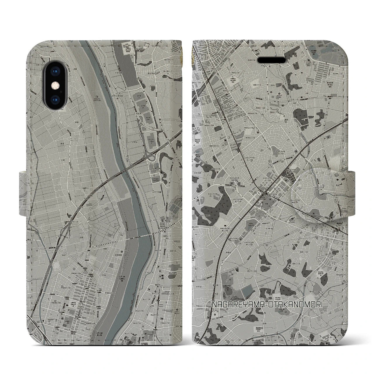 【流山おおたかの森(千葉県)】地図柄iPhoneケース(手帳タイプ)モノトーン・iPhone XS / X 用
