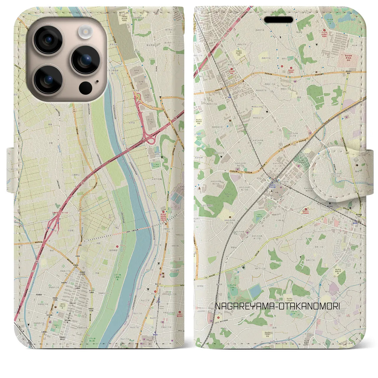 【流山おおたかの森(千葉県)】地図柄iPhoneケース(手帳タイプ)ナチュラル・iPhone 16 Plus 用