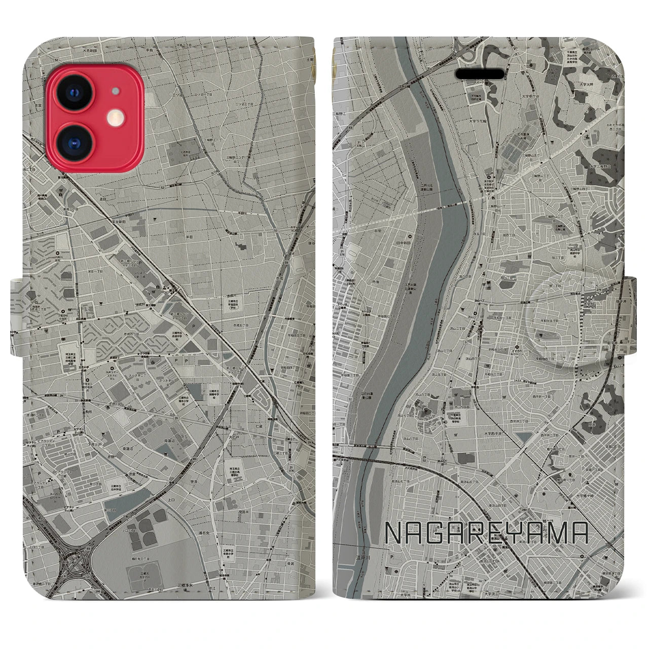 【流山(千葉県)】地図柄iPhoneケース(手帳タイプ)モノトーン・iPhone 11 用