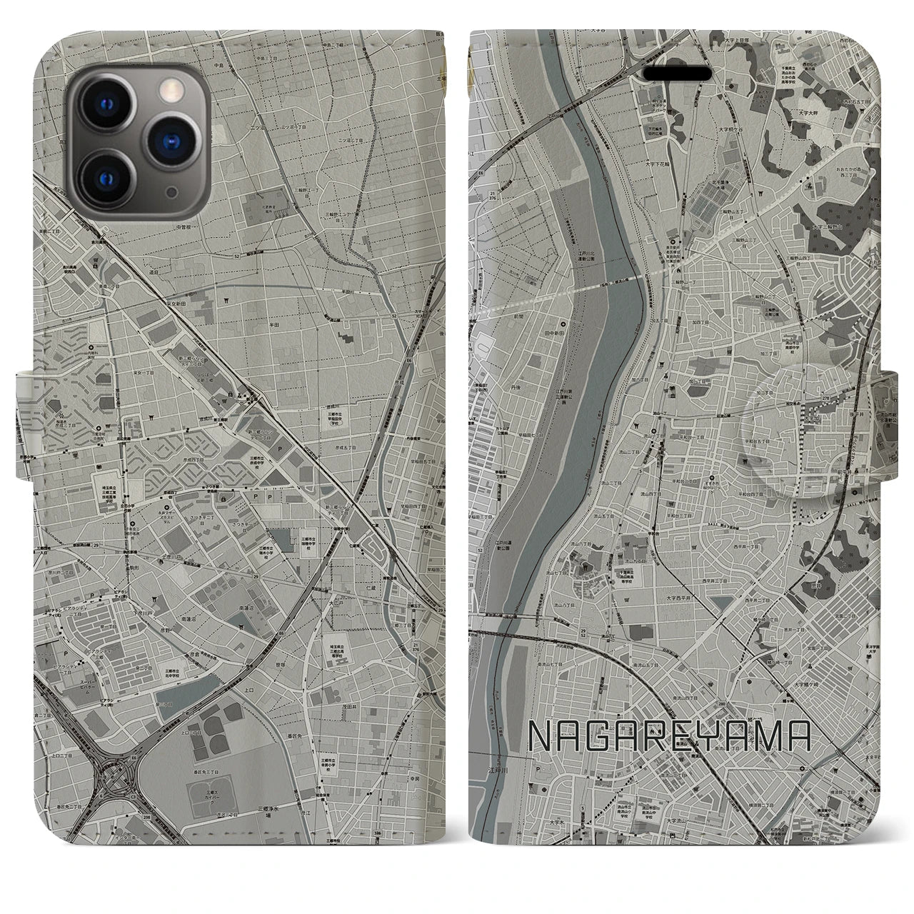【流山(千葉県)】地図柄iPhoneケース(手帳タイプ)モノトーン・iPhone 11 Pro Max 用