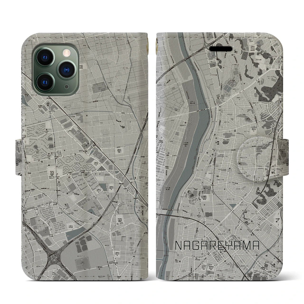 【流山(千葉県)】地図柄iPhoneケース(手帳タイプ)モノトーン・iPhone 11 Pro 用