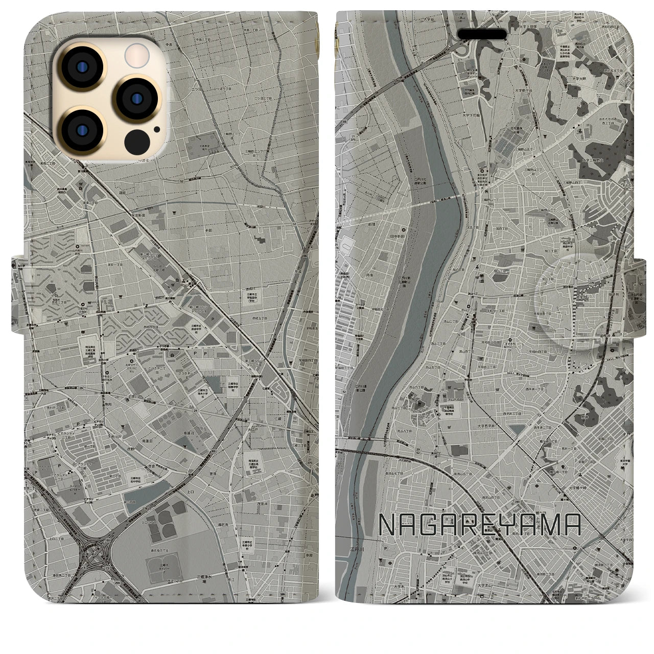 【流山(千葉県)】地図柄iPhoneケース(手帳タイプ)モノトーン・iPhone 12 Pro Max 用