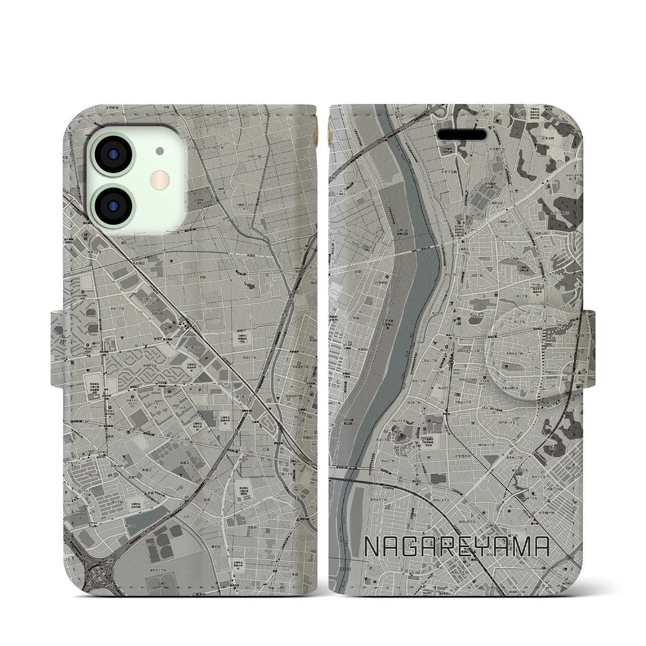 【流山(千葉県)】地図柄iPhoneケース(手帳タイプ)モノトーン・iPhone 12 mini 用