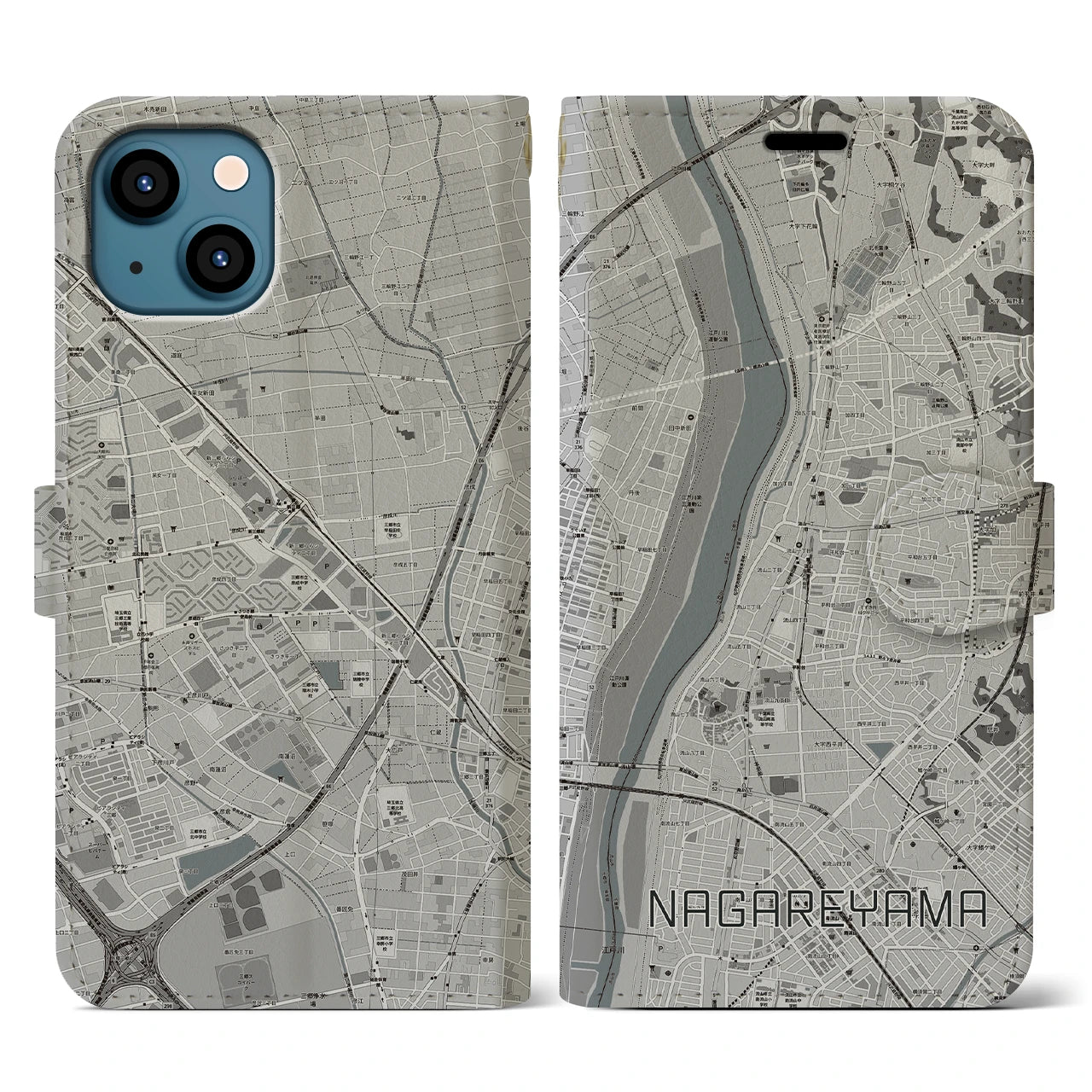 【流山(千葉県)】地図柄iPhoneケース(手帳タイプ)モノトーン・iPhone 13 用