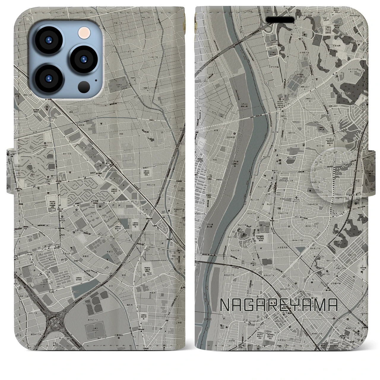 【流山(千葉県)】地図柄iPhoneケース(手帳タイプ)モノトーン・iPhone 13 Pro Max 用