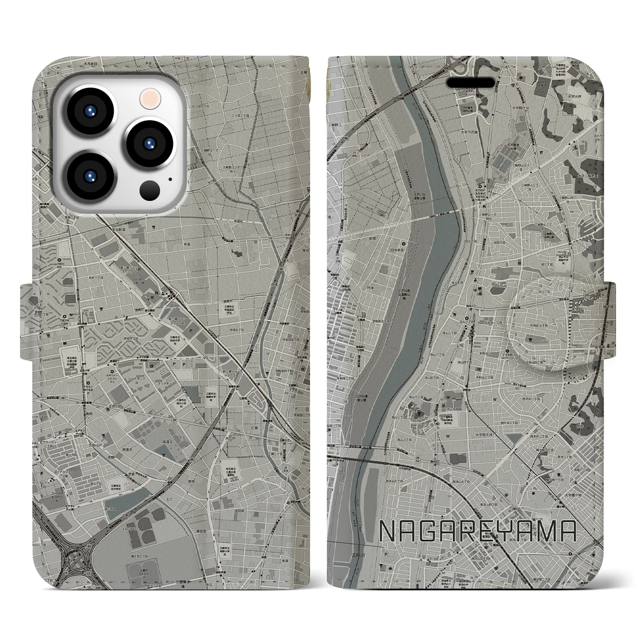 【流山(千葉県)】地図柄iPhoneケース(手帳タイプ)モノトーン・iPhone 13 Pro 用