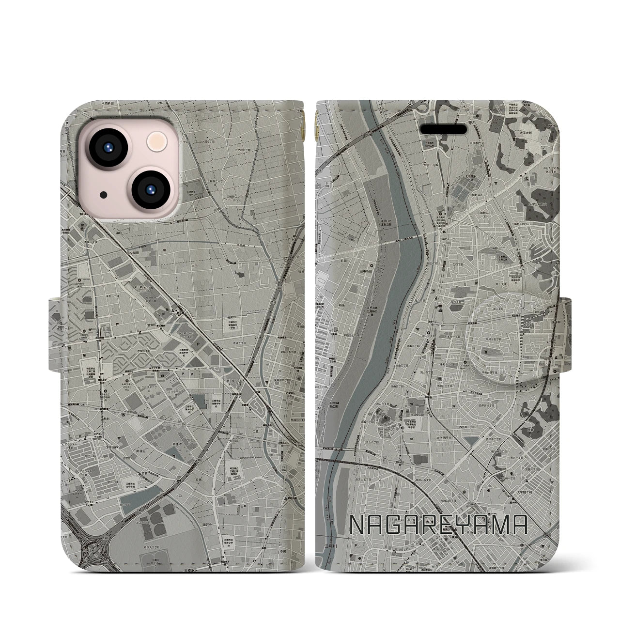 【流山(千葉県)】地図柄iPhoneケース(手帳タイプ)モノトーン・iPhone 13 mini 用