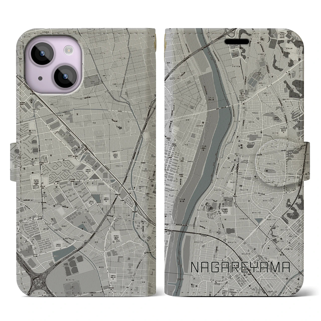 【流山(千葉県)】地図柄iPhoneケース(手帳タイプ)モノトーン・iPhone 14 用