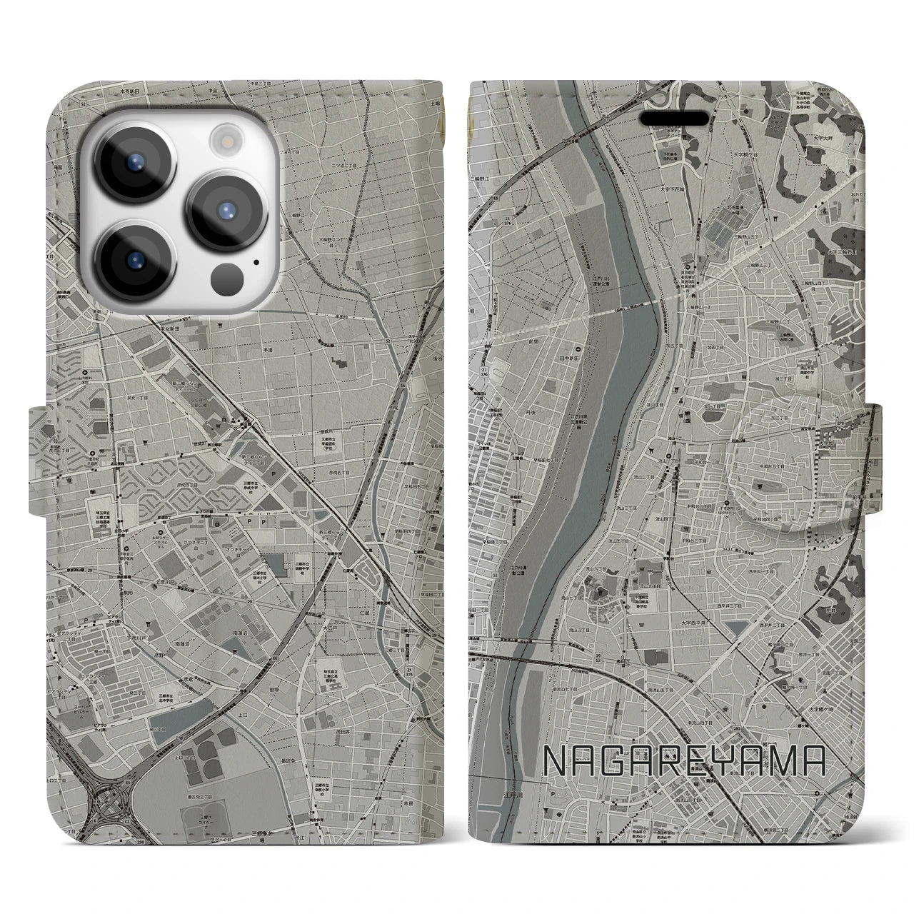 【流山(千葉県)】地図柄iPhoneケース(手帳タイプ)モノトーン・iPhone 14 Pro 用