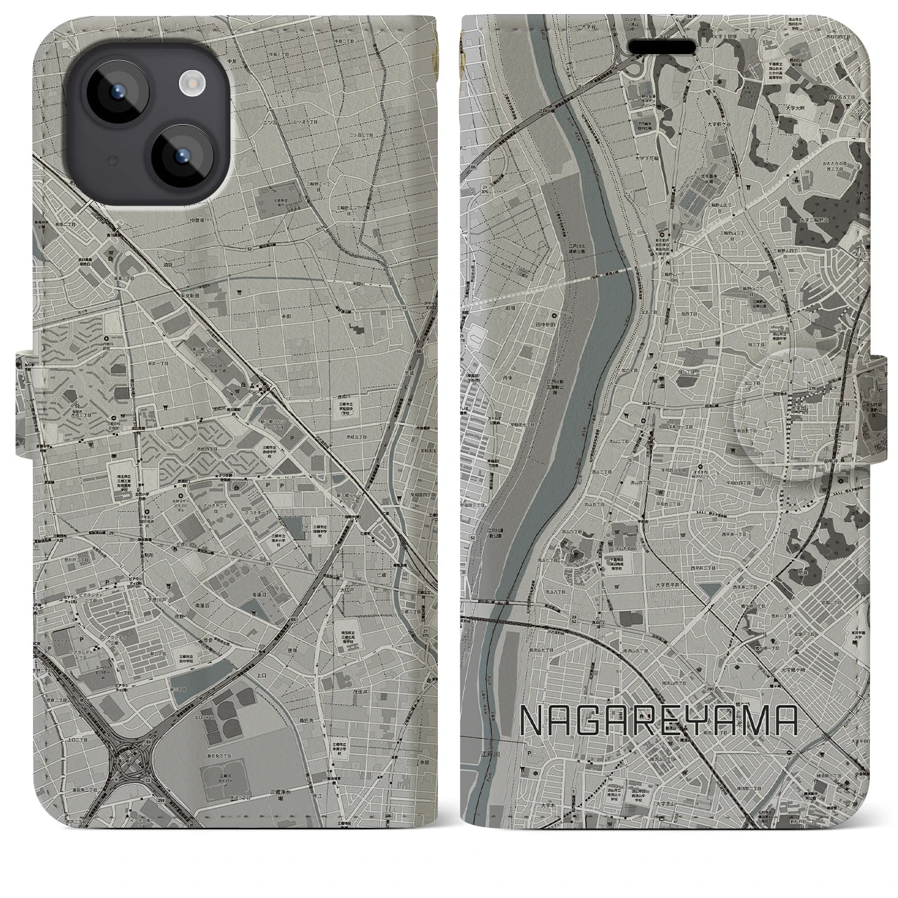 【流山(千葉県)】地図柄iPhoneケース(手帳タイプ)モノトーン・iPhone 14 Plus 用