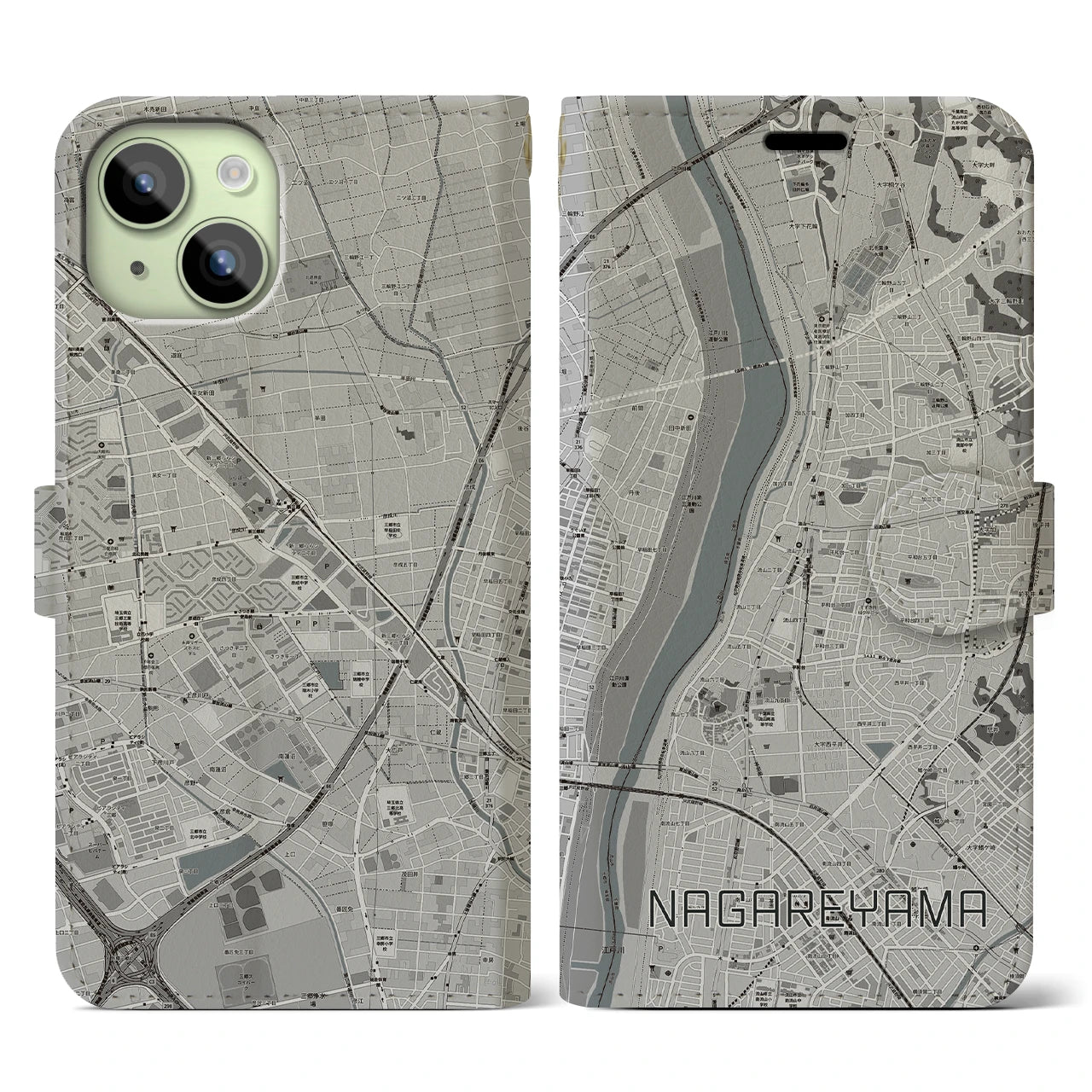 【流山(千葉県)】地図柄iPhoneケース(手帳タイプ)モノトーン・iPhone 15 用