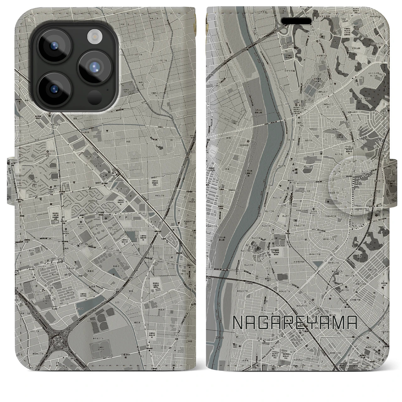 【流山(千葉県)】地図柄iPhoneケース(手帳タイプ)モノトーン・iPhone 15 Pro Max 用