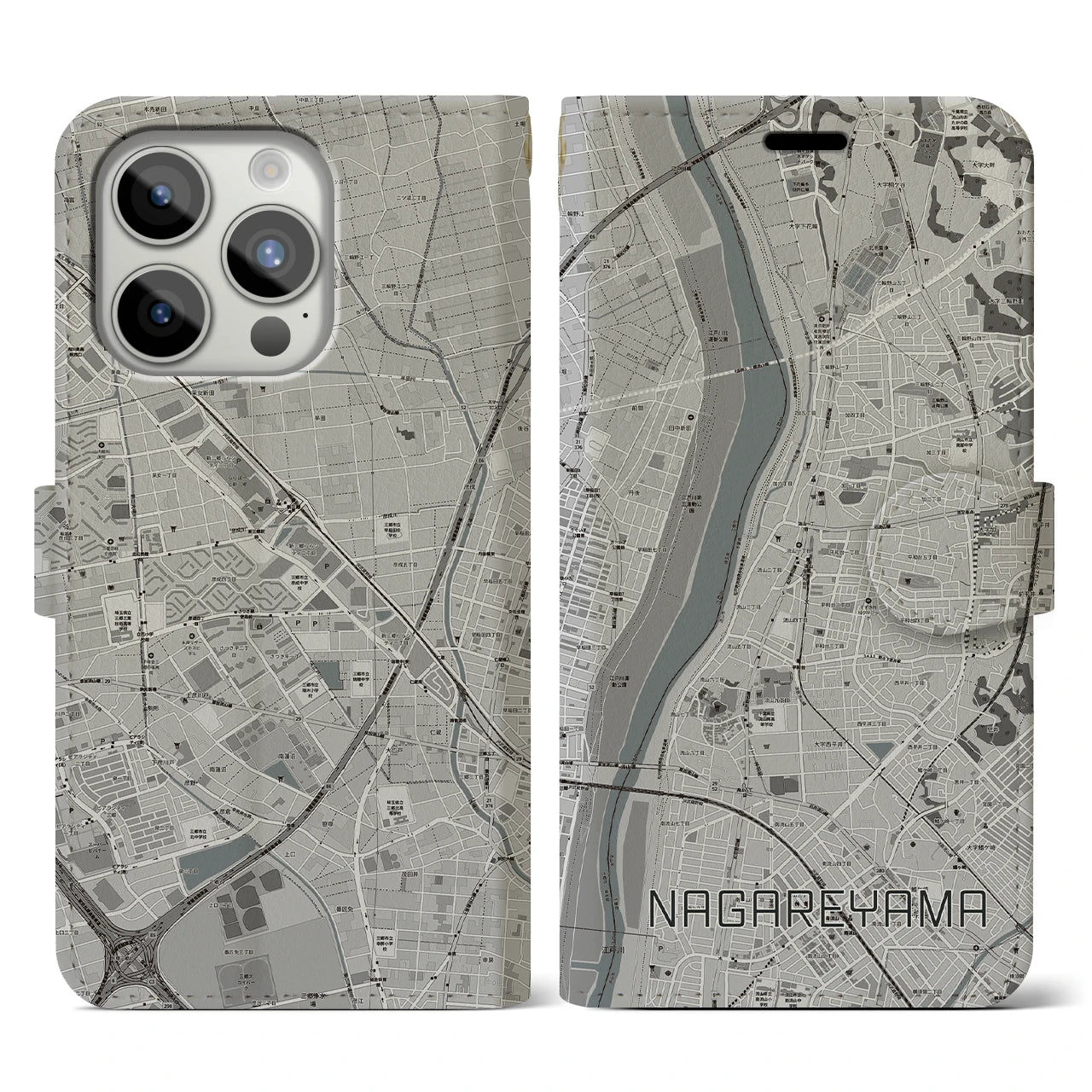 【流山(千葉県)】地図柄iPhoneケース(手帳タイプ)モノトーン・iPhone 15 Pro 用