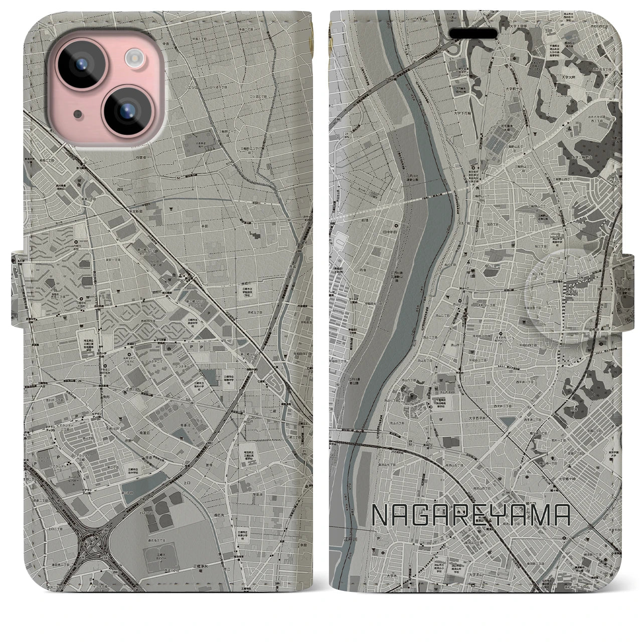 【流山(千葉県)】地図柄iPhoneケース(手帳タイプ)モノトーン・iPhone 15 Plus 用