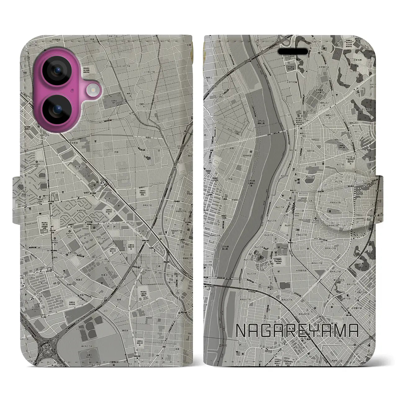 【流山(千葉県)】地図柄iPhoneケース(手帳タイプ)モノトーン・iPhone 16 Pro 用