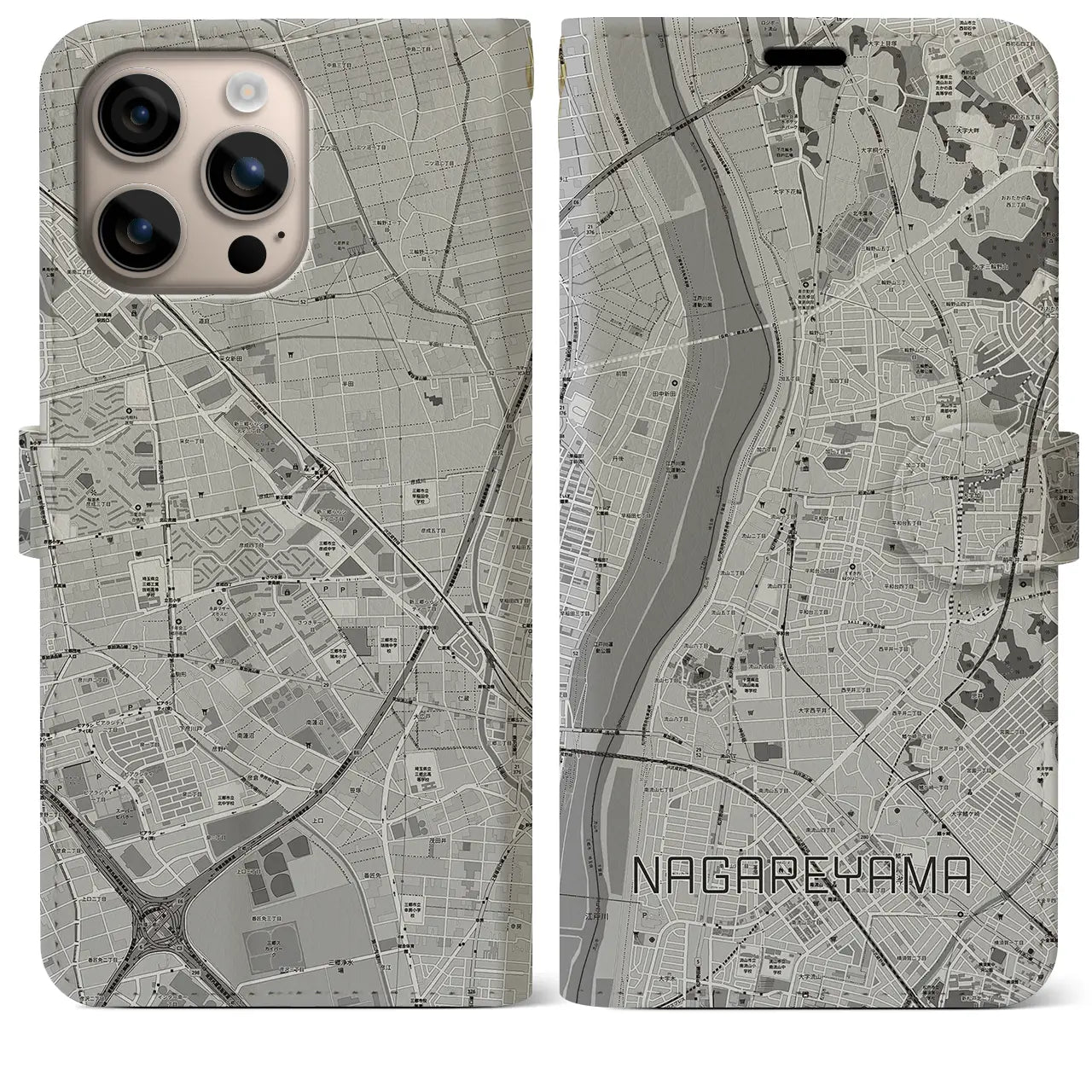 【流山(千葉県)】地図柄iPhoneケース(手帳タイプ)モノトーン・iPhone 16 Plus 用