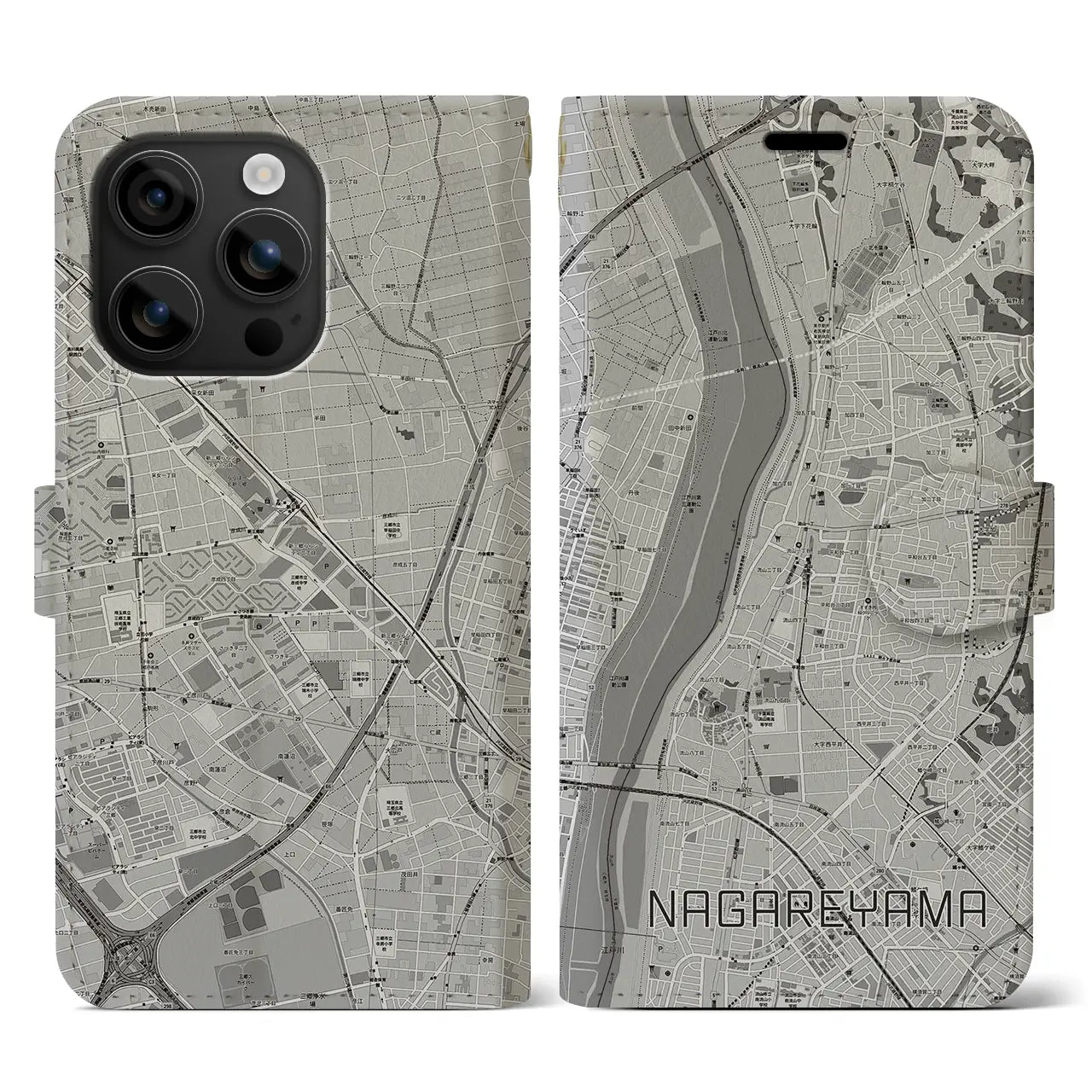 【流山(千葉県)】地図柄iPhoneケース(手帳タイプ)モノトーン・iPhone 16 用