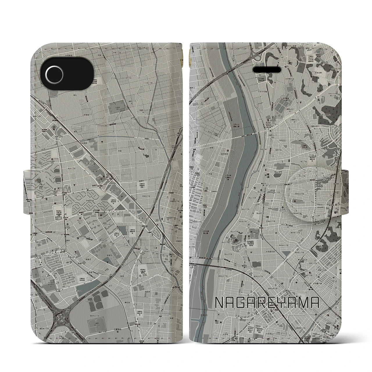 【流山(千葉県)】地図柄iPhoneケース(手帳タイプ)モノトーン・iPhone SE(第3 / 第2世代) / 8 / 7 / 6s / 6 用