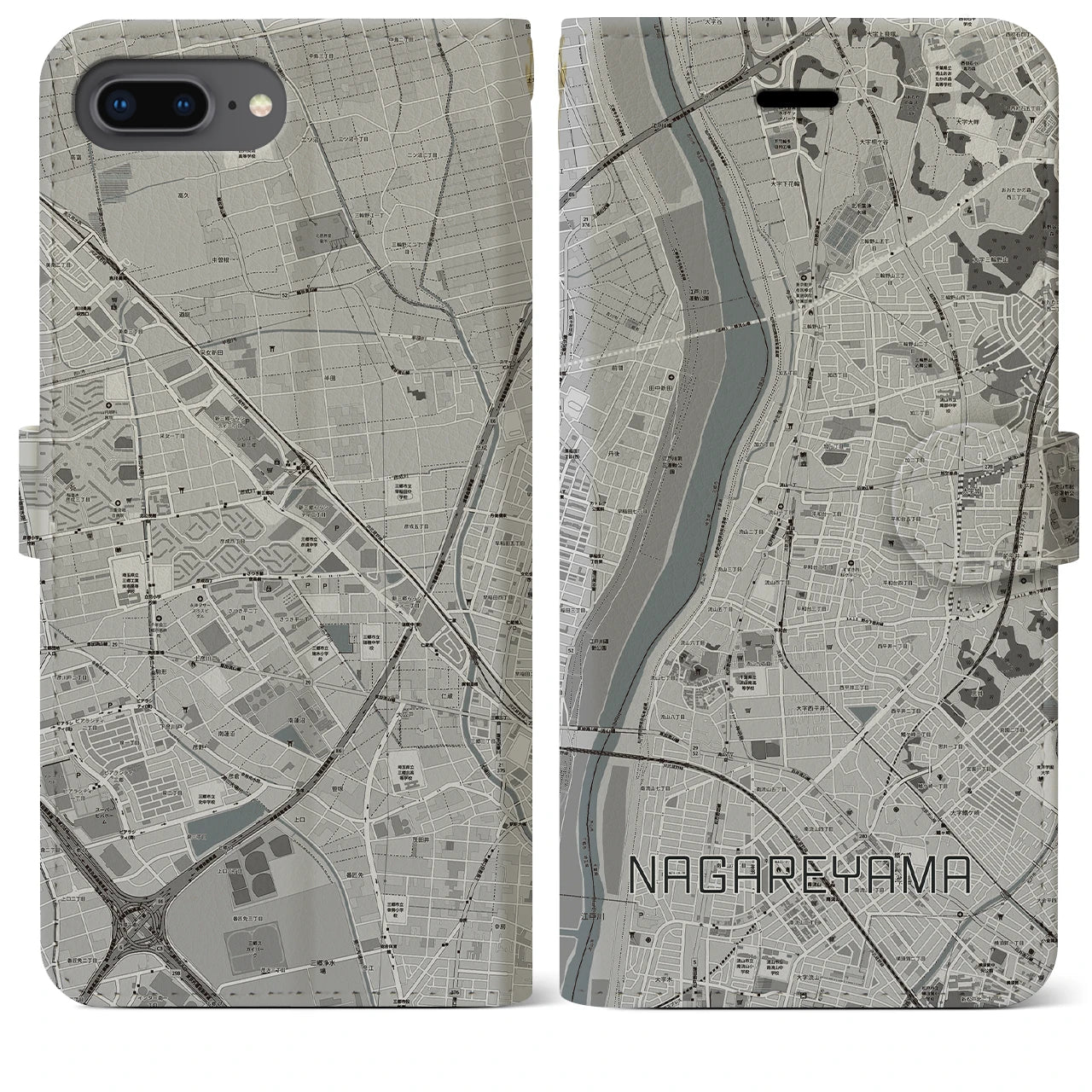 【流山(千葉県)】地図柄iPhoneケース(手帳タイプ)モノトーン・iPhone 8Plus /7Plus / 6sPlus / 6Plus 用