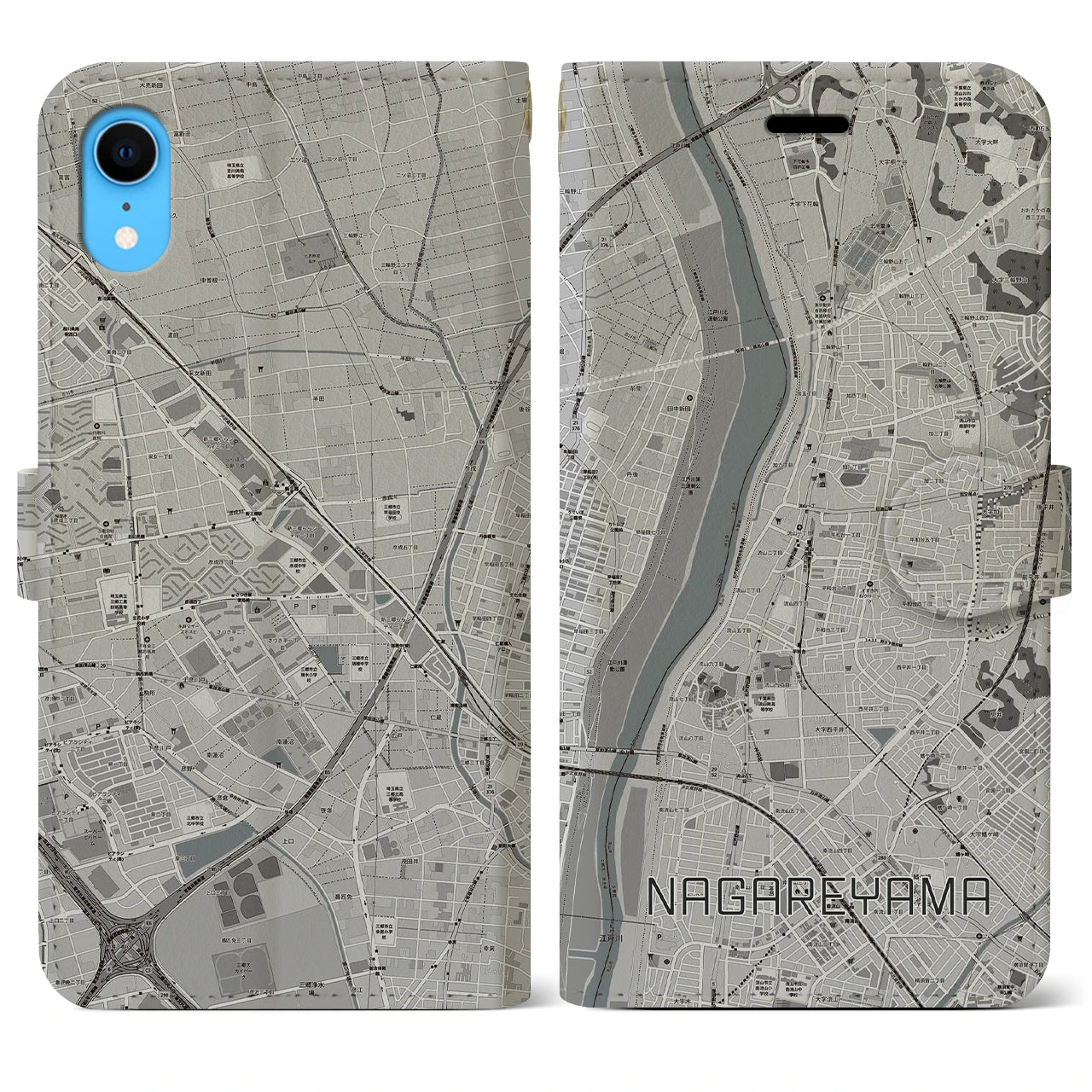 【流山(千葉県)】地図柄iPhoneケース(手帳タイプ)モノトーン・iPhone XR 用