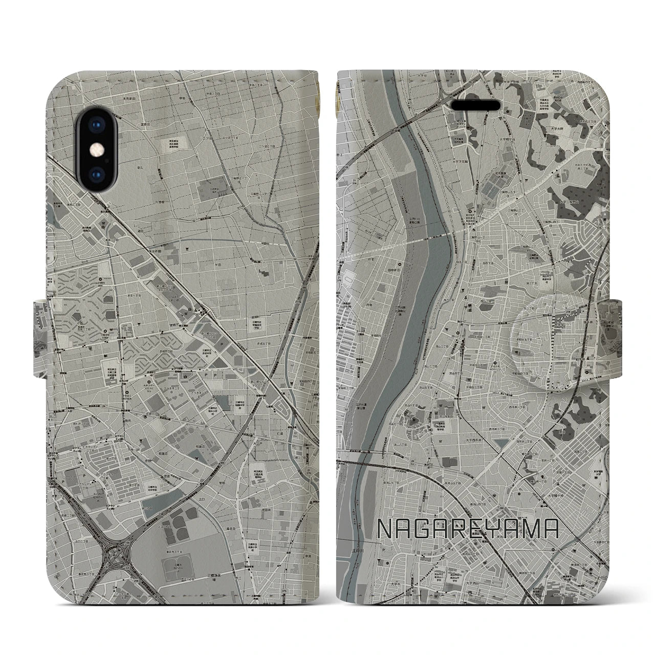 【流山(千葉県)】地図柄iPhoneケース(手帳タイプ)モノトーン・iPhone XS / X 用