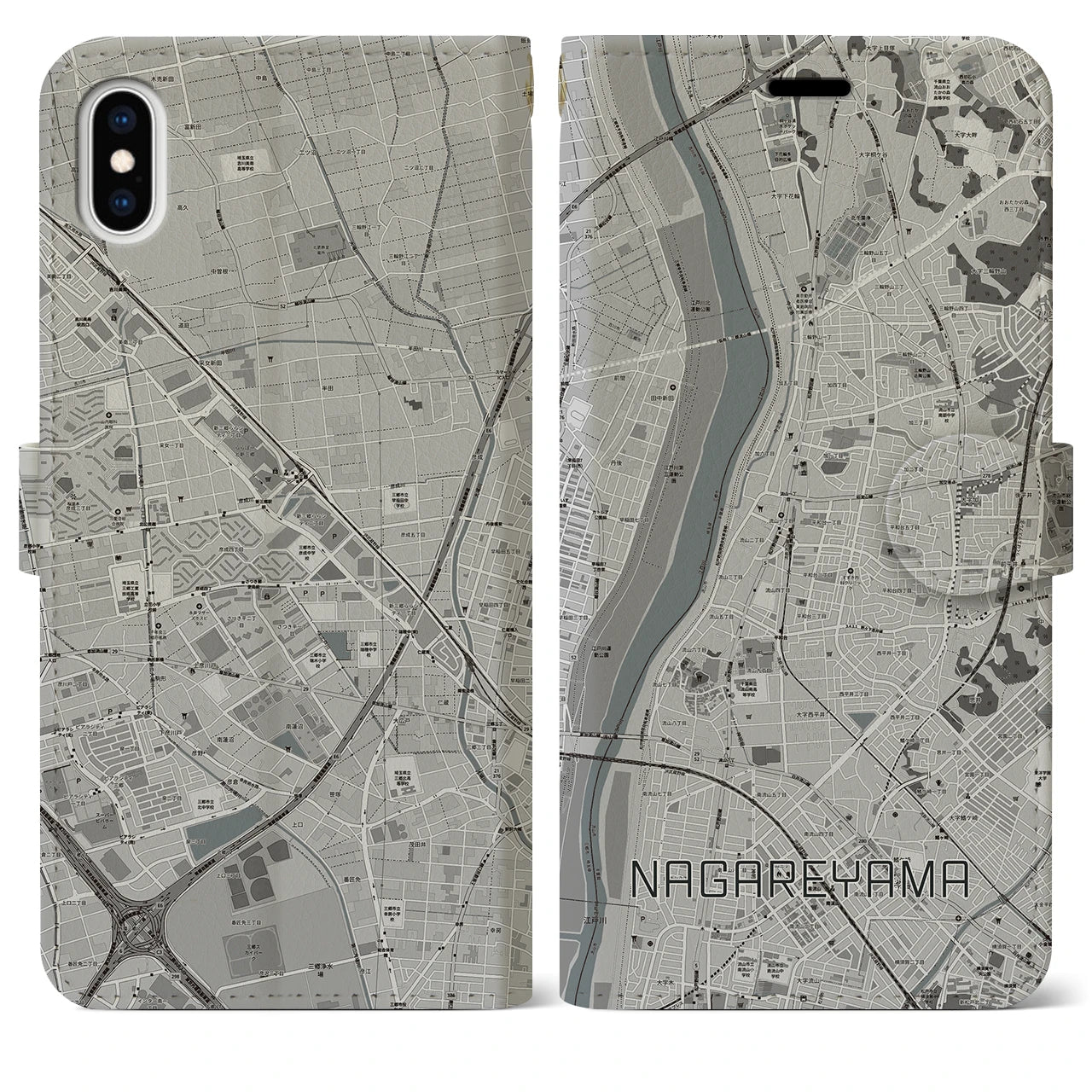 【流山(千葉県)】地図柄iPhoneケース(手帳タイプ)モノトーン・iPhone XS Max 用