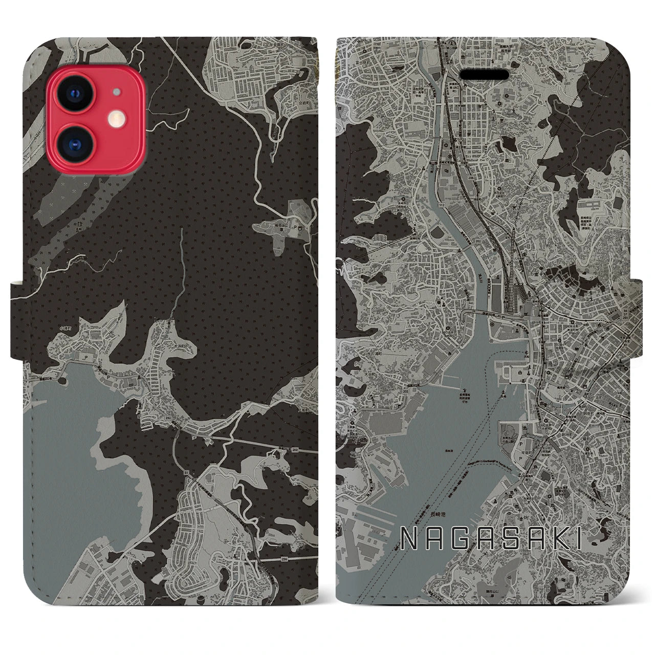 【長崎(長崎県)】地図柄iPhoneケース(手帳タイプ)モノトーン・iPhone 11 用