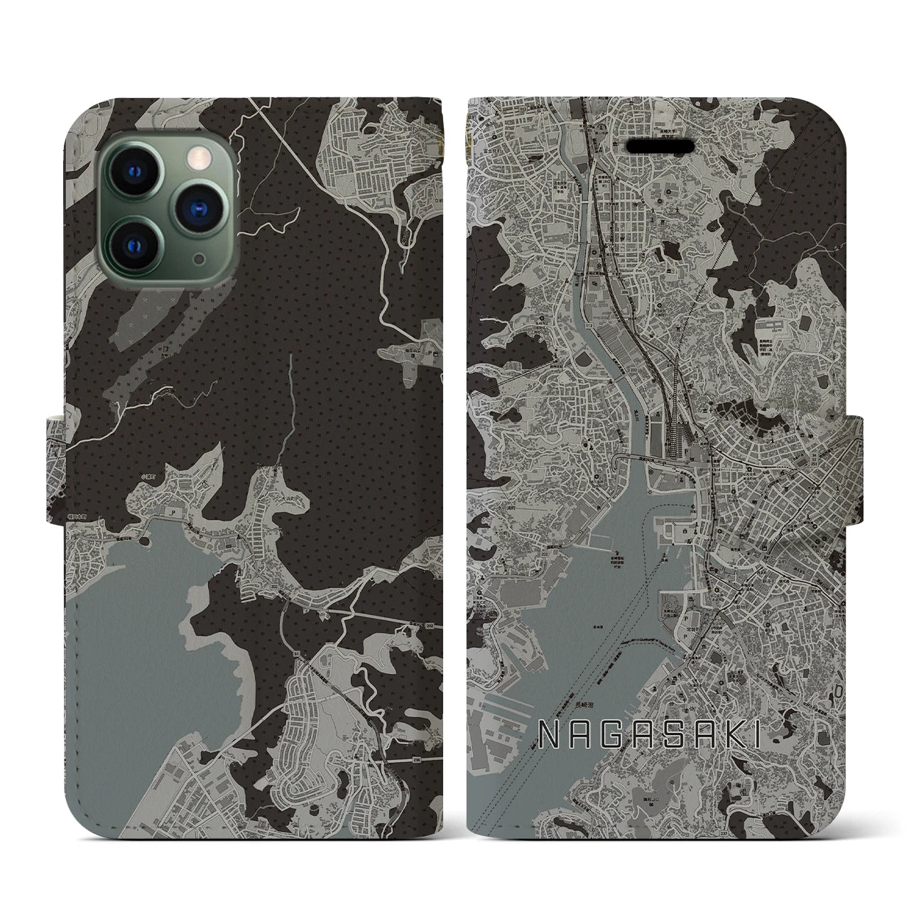 【長崎(長崎県)】地図柄iPhoneケース(手帳タイプ)モノトーン・iPhone 11 Pro 用