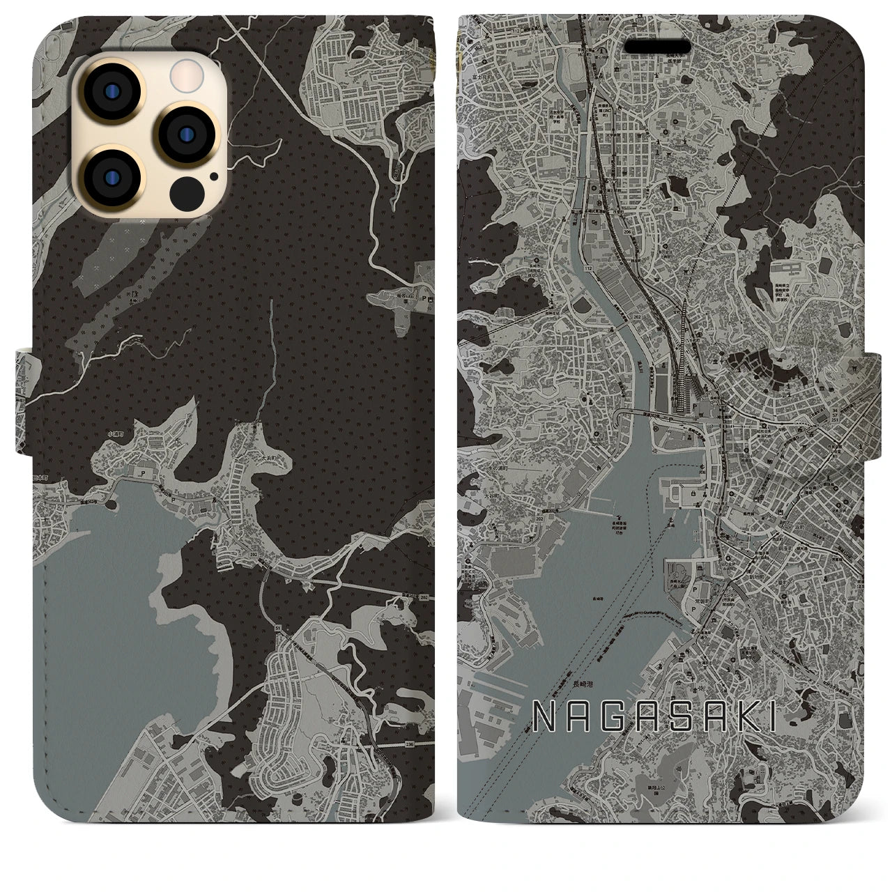 【長崎(長崎県)】地図柄iPhoneケース(手帳タイプ)モノトーン・iPhone 12 Pro Max 用