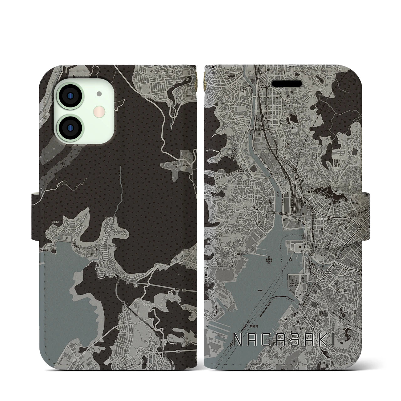 【長崎(長崎県)】地図柄iPhoneケース(手帳タイプ)モノトーン・iPhone 12 mini 用