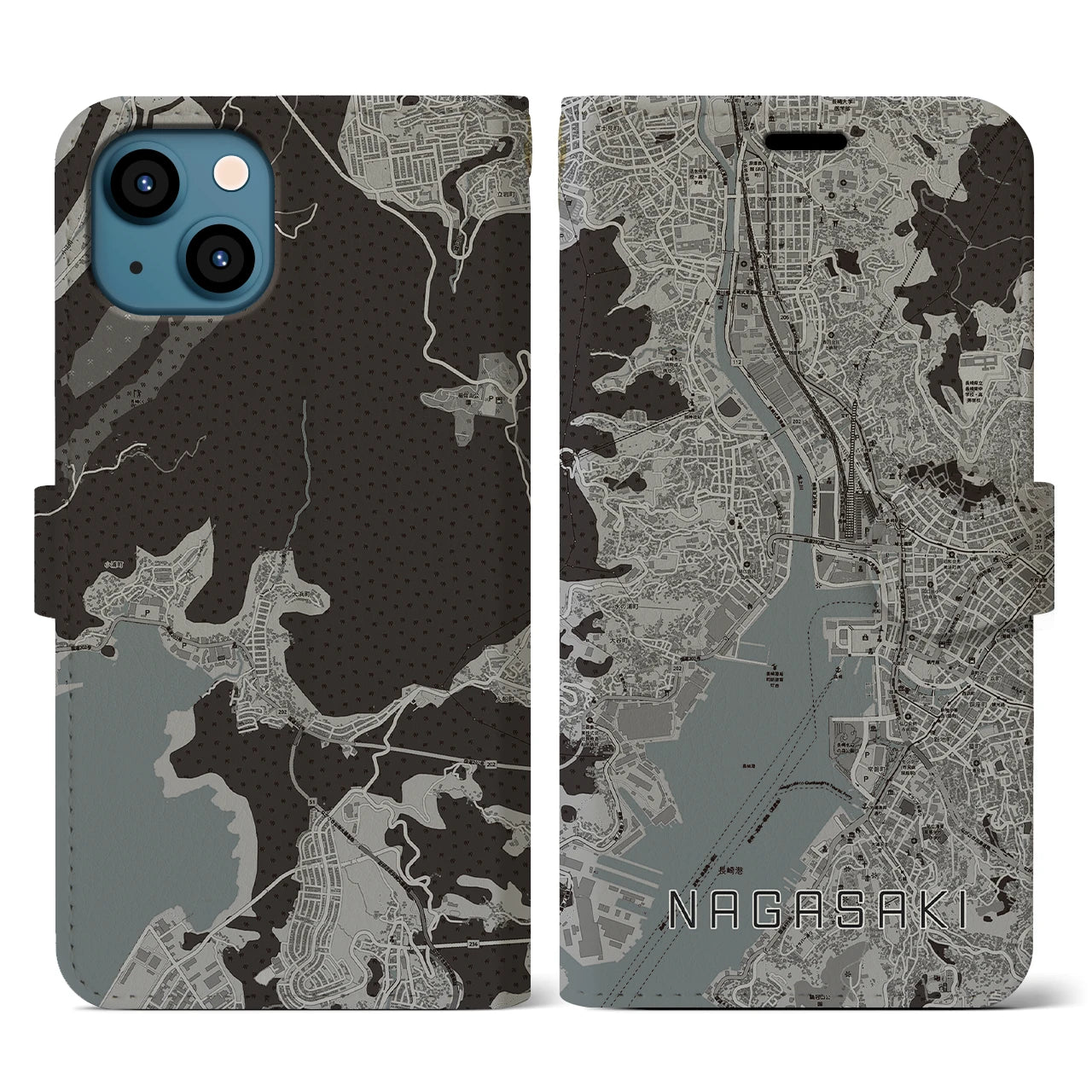【長崎(長崎県)】地図柄iPhoneケース(手帳タイプ)モノトーン・iPhone 13 用