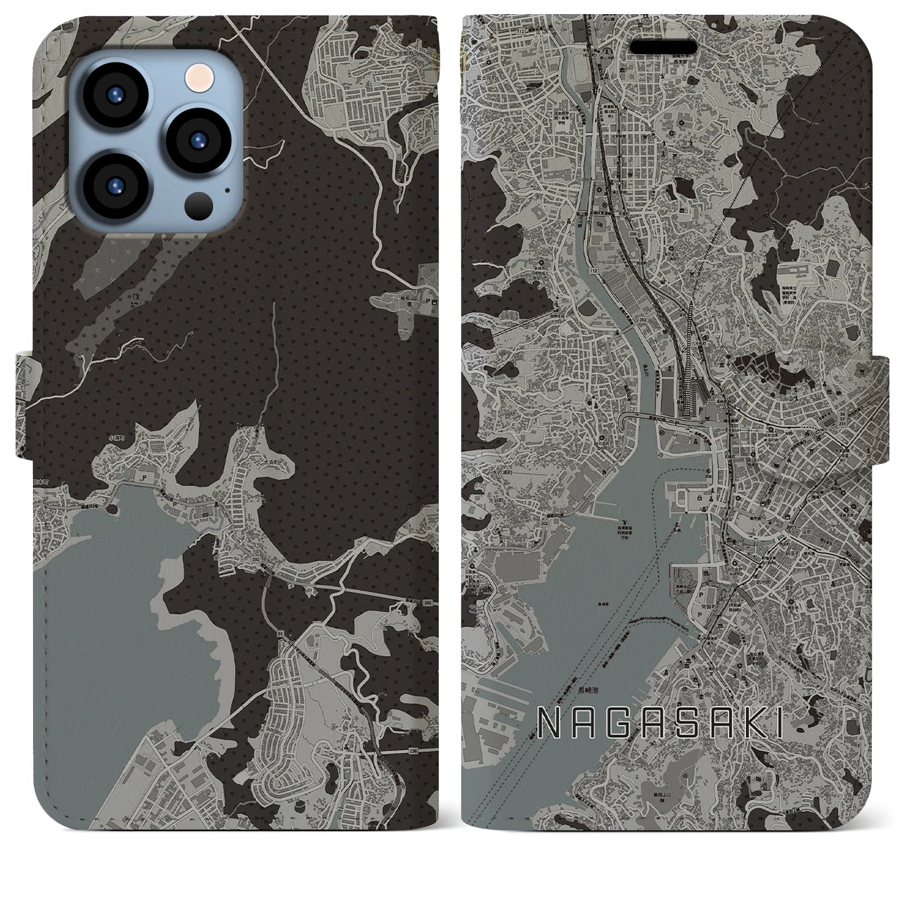 【長崎(長崎県)】地図柄iPhoneケース(手帳タイプ)モノトーン・iPhone 13 Pro Max 用