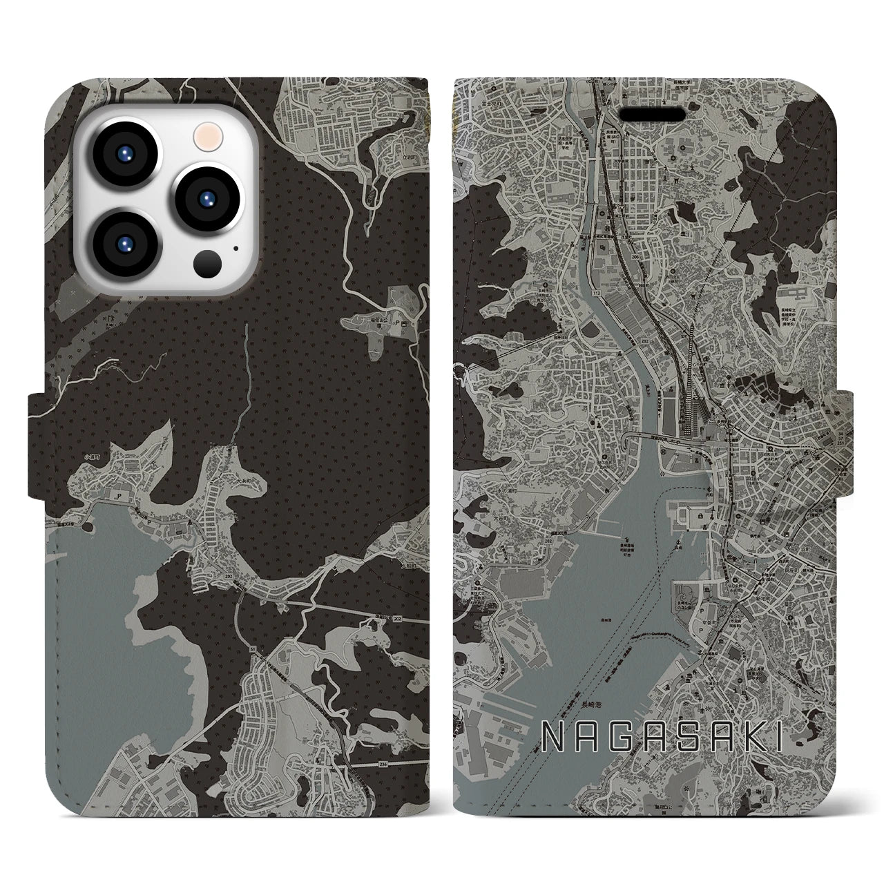 【長崎(長崎県)】地図柄iPhoneケース(手帳タイプ)モノトーン・iPhone 13 Pro 用