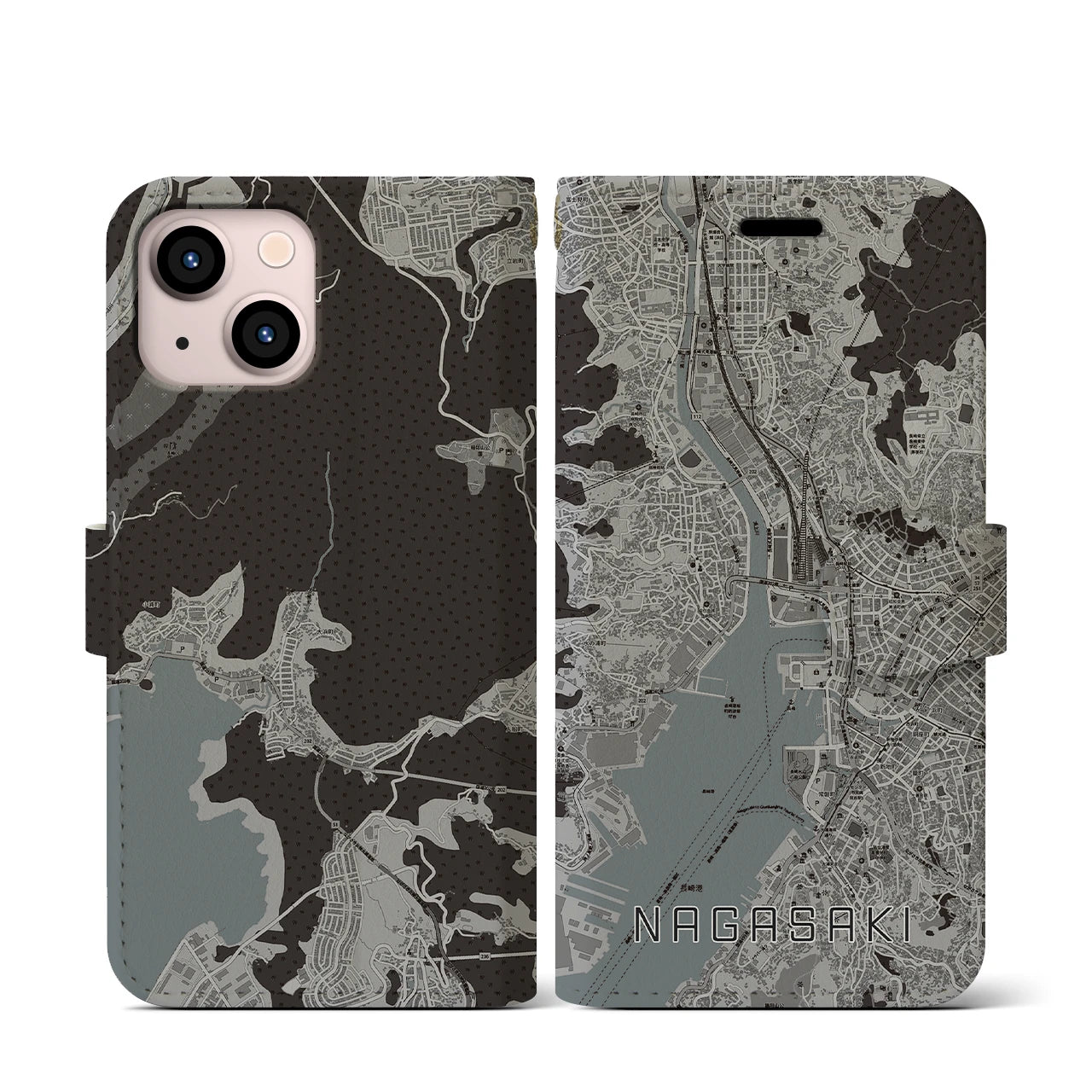 【長崎(長崎県)】地図柄iPhoneケース(手帳タイプ)モノトーン・iPhone 13 mini 用