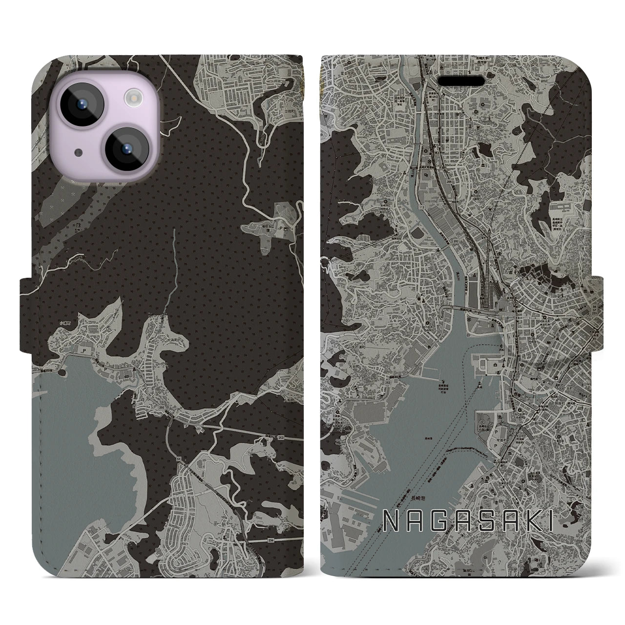 【長崎(長崎県)】地図柄iPhoneケース(手帳タイプ)モノトーン・iPhone 14 用