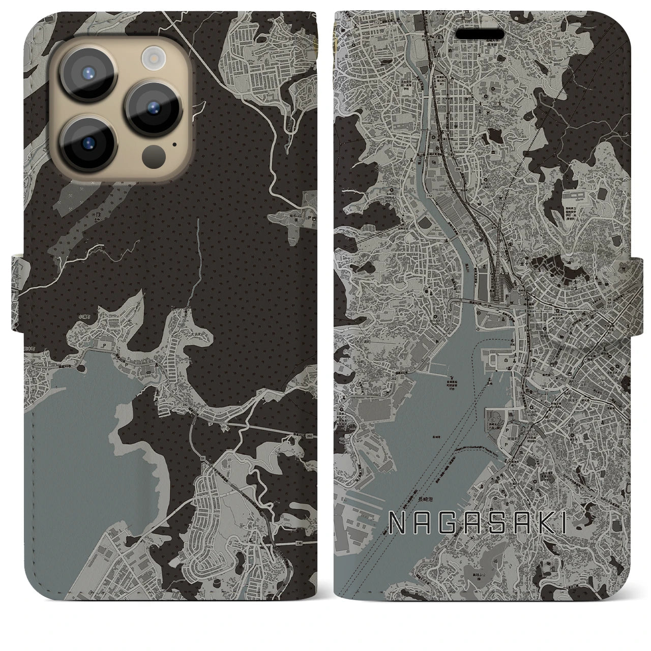 【長崎(長崎県)】地図柄iPhoneケース(手帳タイプ)モノトーン・iPhone 14 Pro Max 用