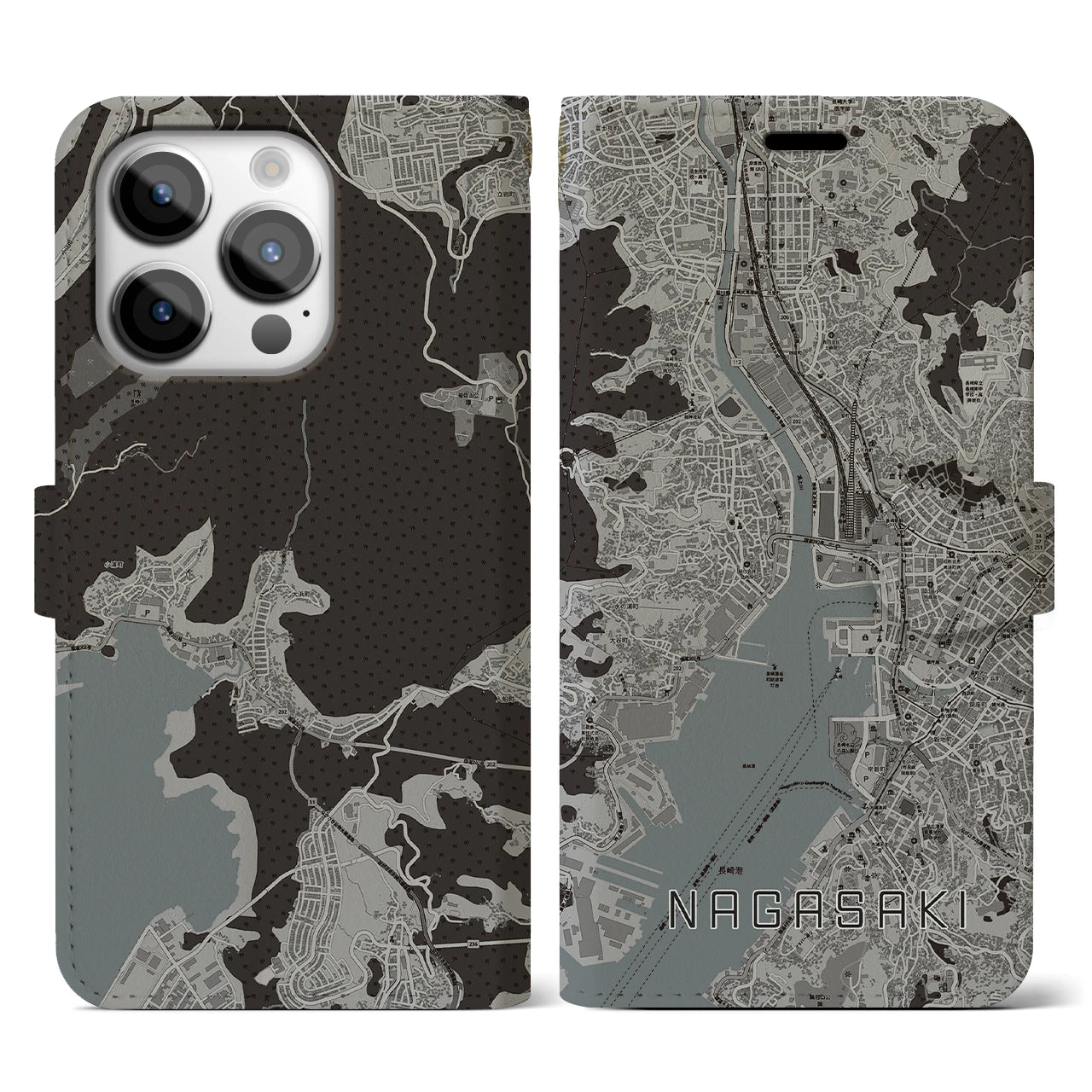 【長崎(長崎県)】地図柄iPhoneケース(手帳タイプ)モノトーン・iPhone 14 Pro 用