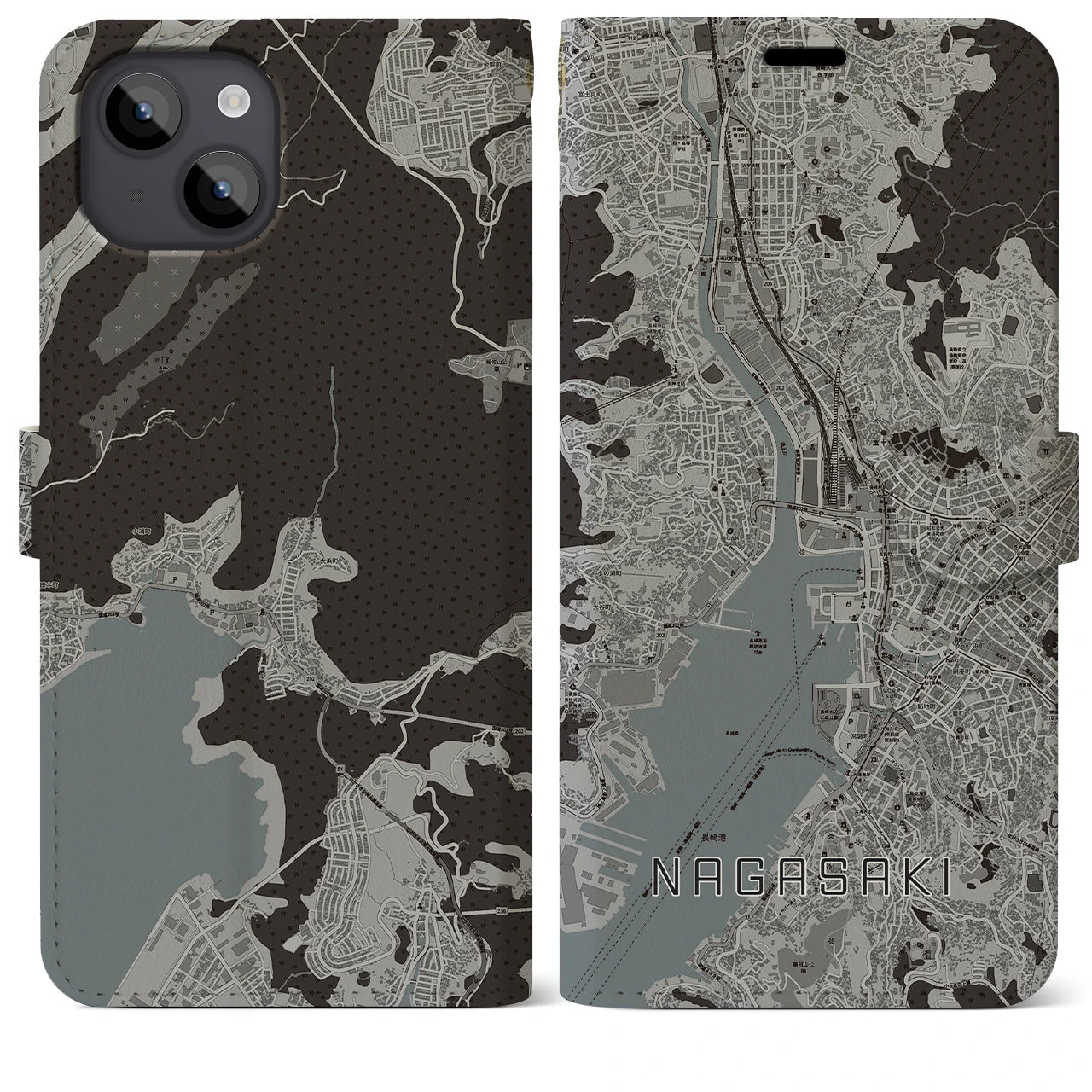 【長崎(長崎県)】地図柄iPhoneケース(手帳タイプ)モノトーン・iPhone 14 Plus 用